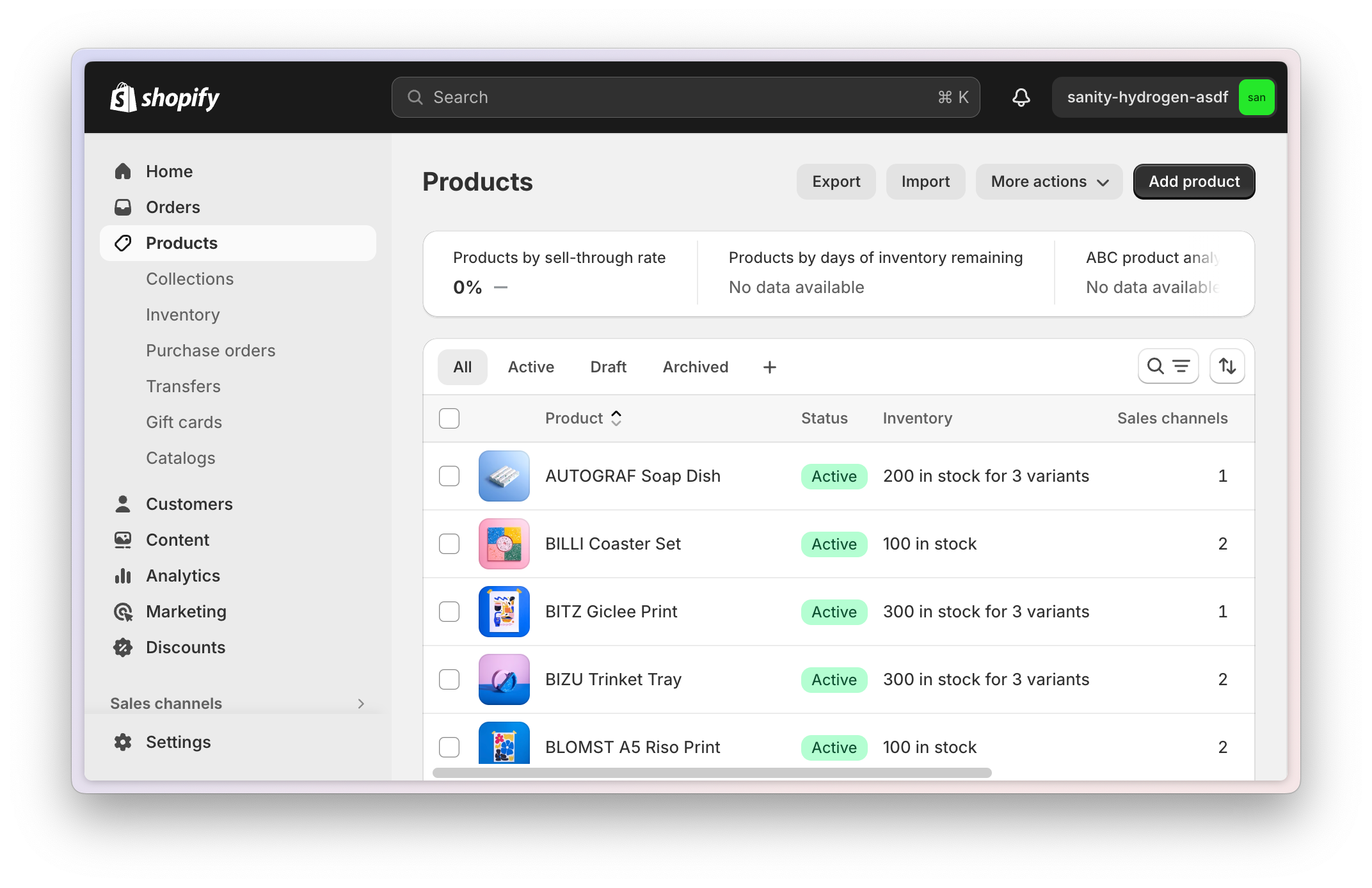 Shopify dashboard showing imported products