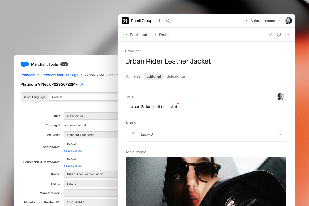 E-commerce platform interface displaying product details for an "Urban Rider Leather Jacket" by Lacy-D, with product image and editorial fields.