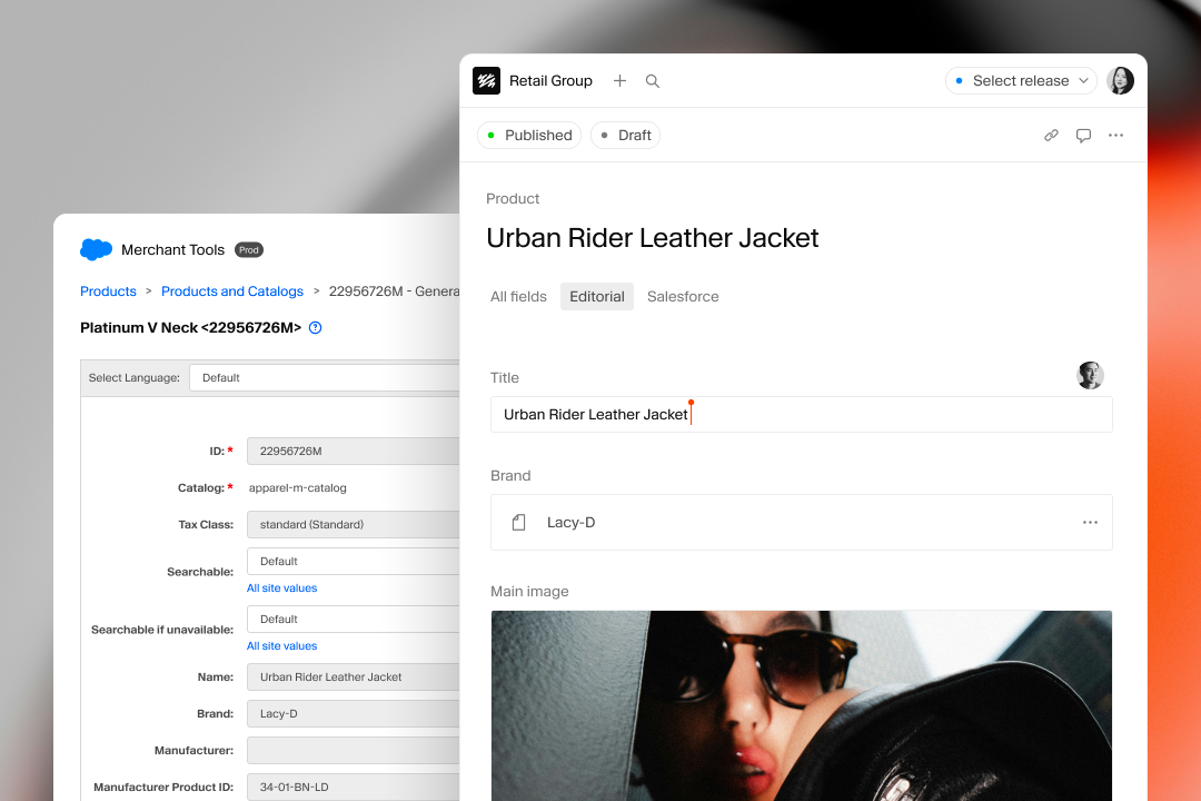 E-commerce platform interface displaying product details for an "Urban Rider Leather Jacket" by Lacy-D, with product image and editorial fields.