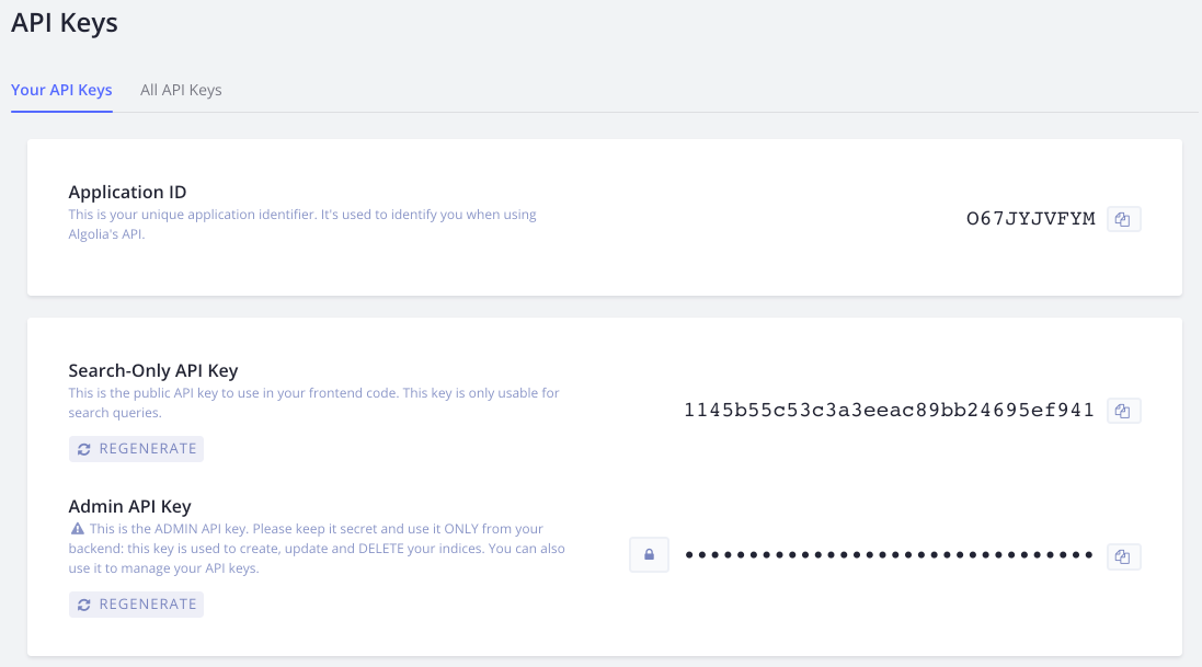 App ID and API Keys in Algolia