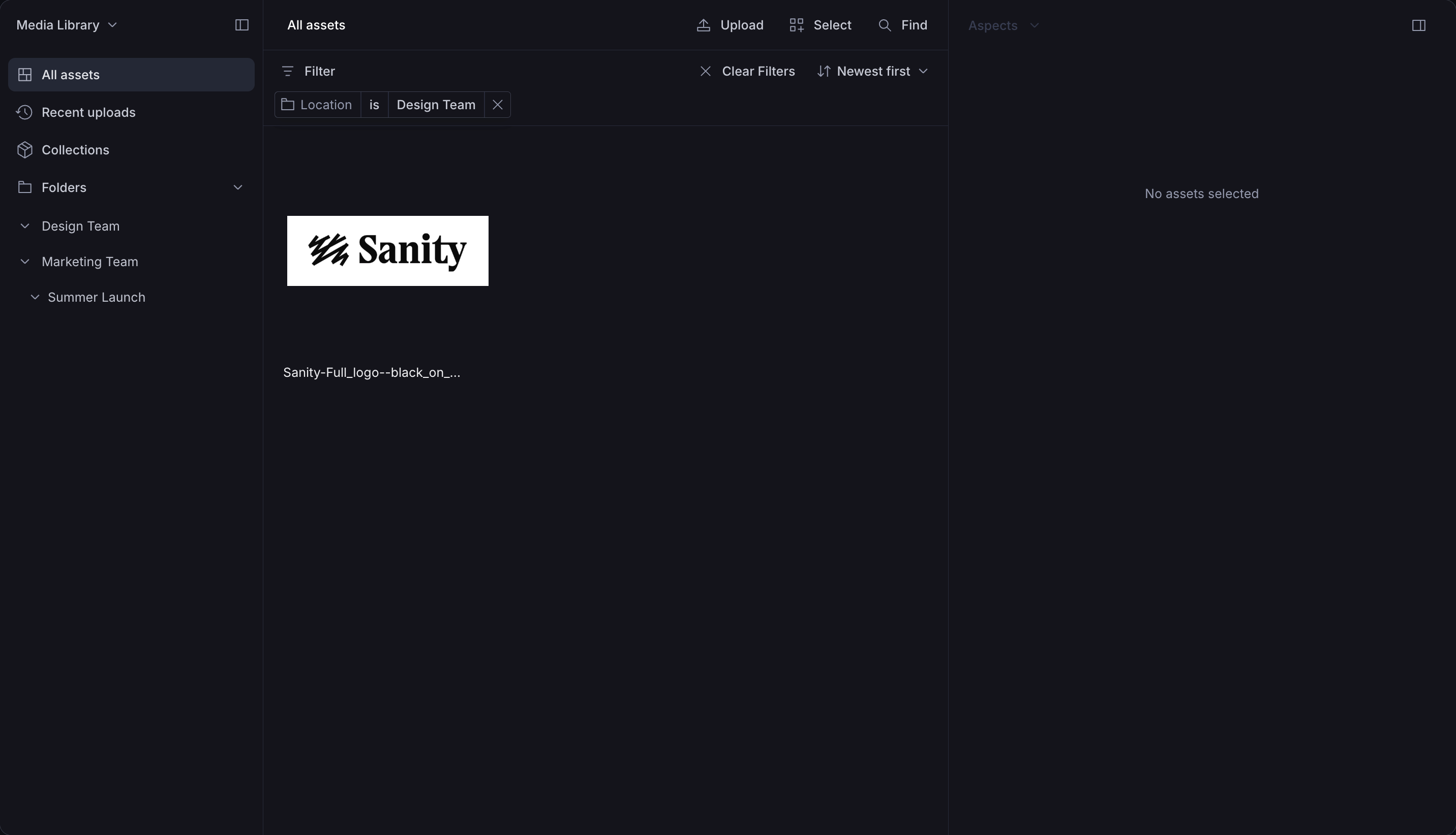 A dark mode media library interface displaying assets, filtered by "Design Team", with the Sanity logo shown.