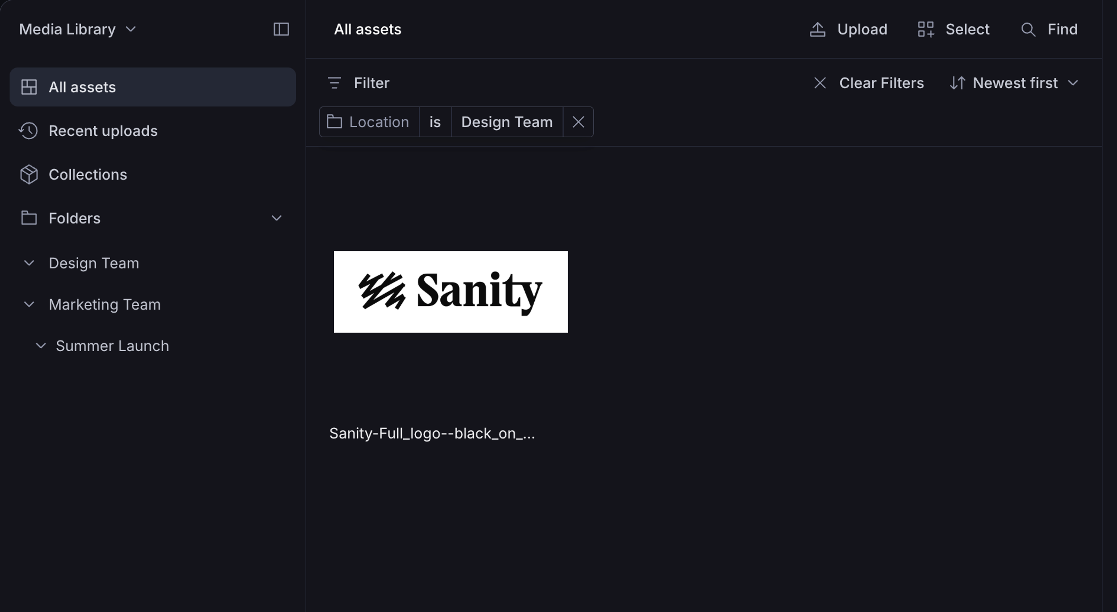 A dark mode media library interface displaying assets, filtered by "Design Team", with the Sanity logo shown.