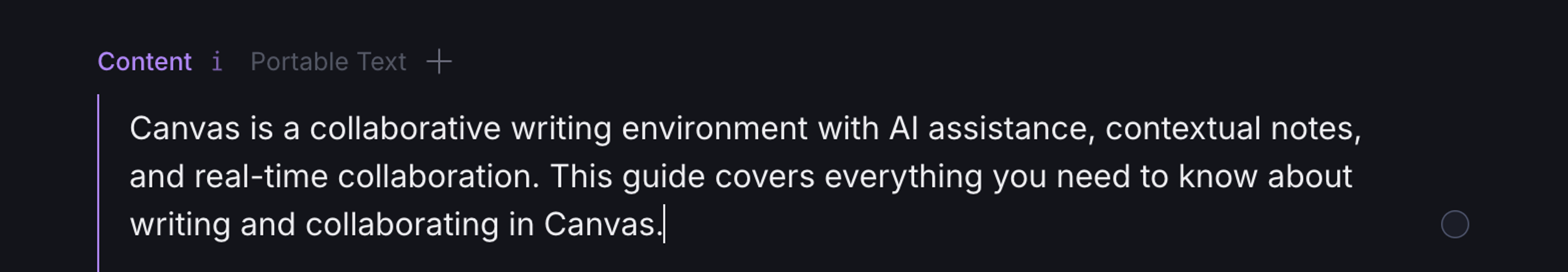 Description of Canvas as a collaborative writing environment with AI assistance, contextual notes, and real-time collaboration.