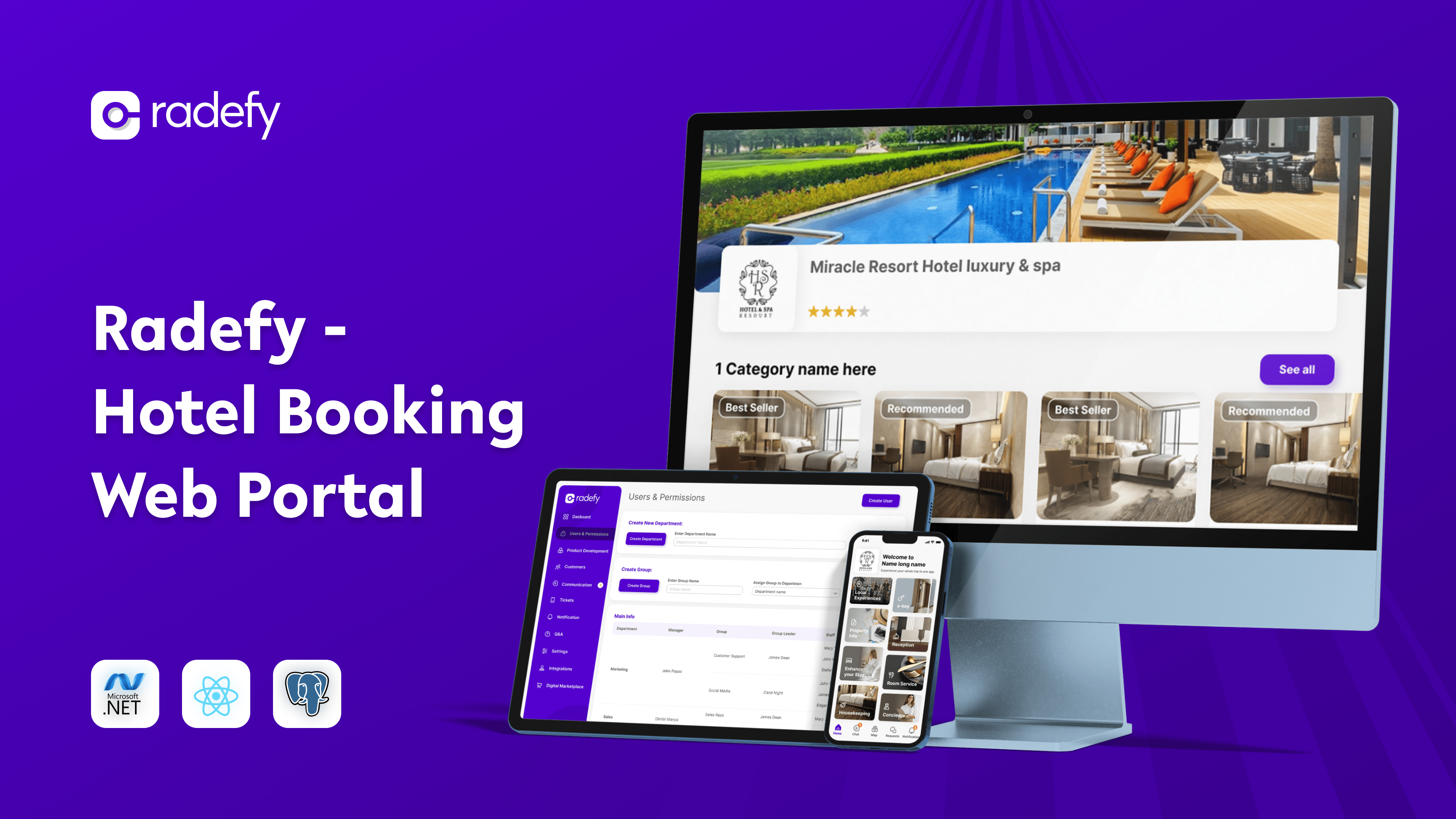 a radefy hotel booking web portal is displayed on a purple background