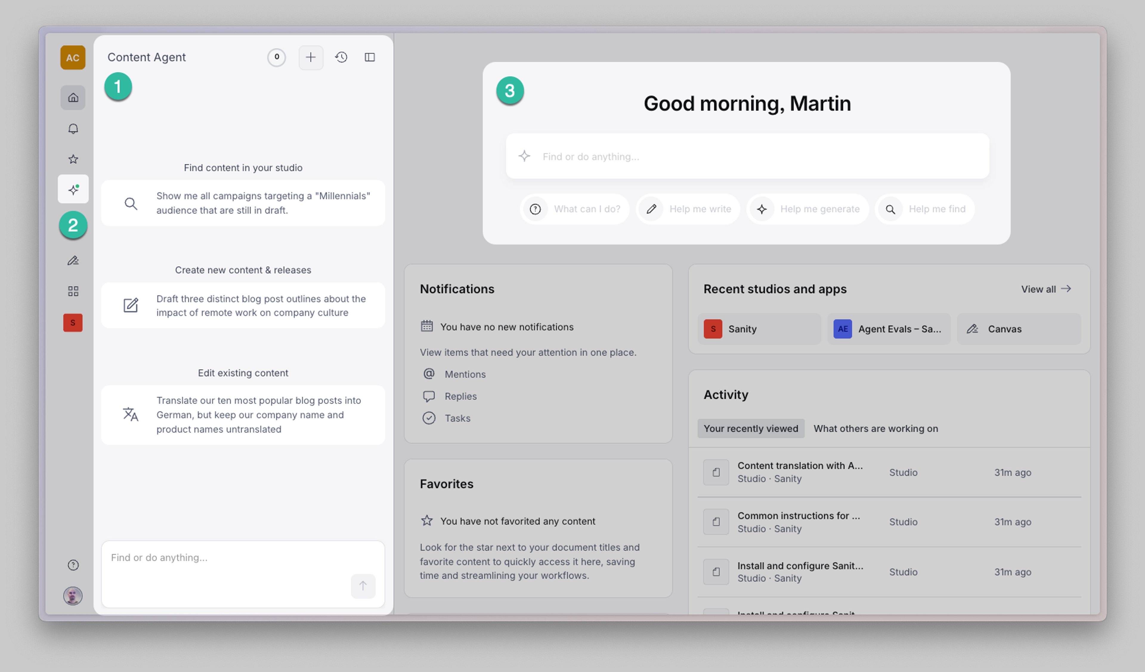 A Content Agent software dashboard showing options for finding, creating, and editing content, with AI assistant prompts and recent activity logs.