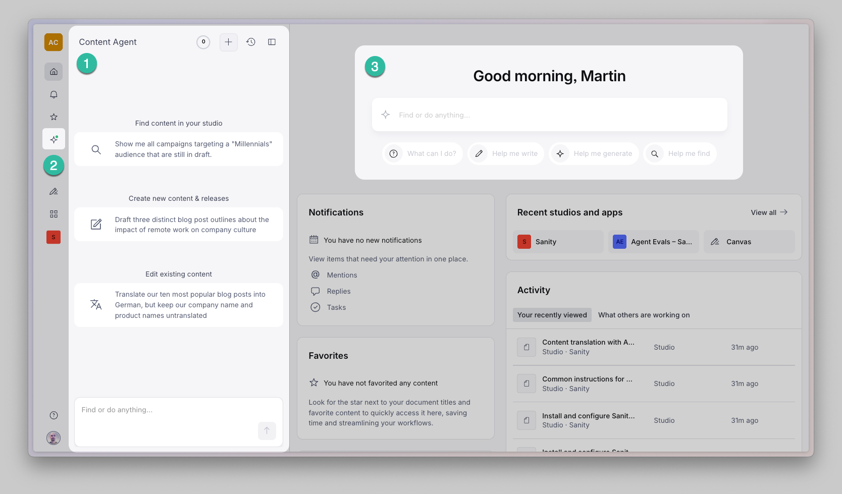 A Content Agent software dashboard showing options for finding, creating, and editing content, with AI assistant prompts and recent activity logs.