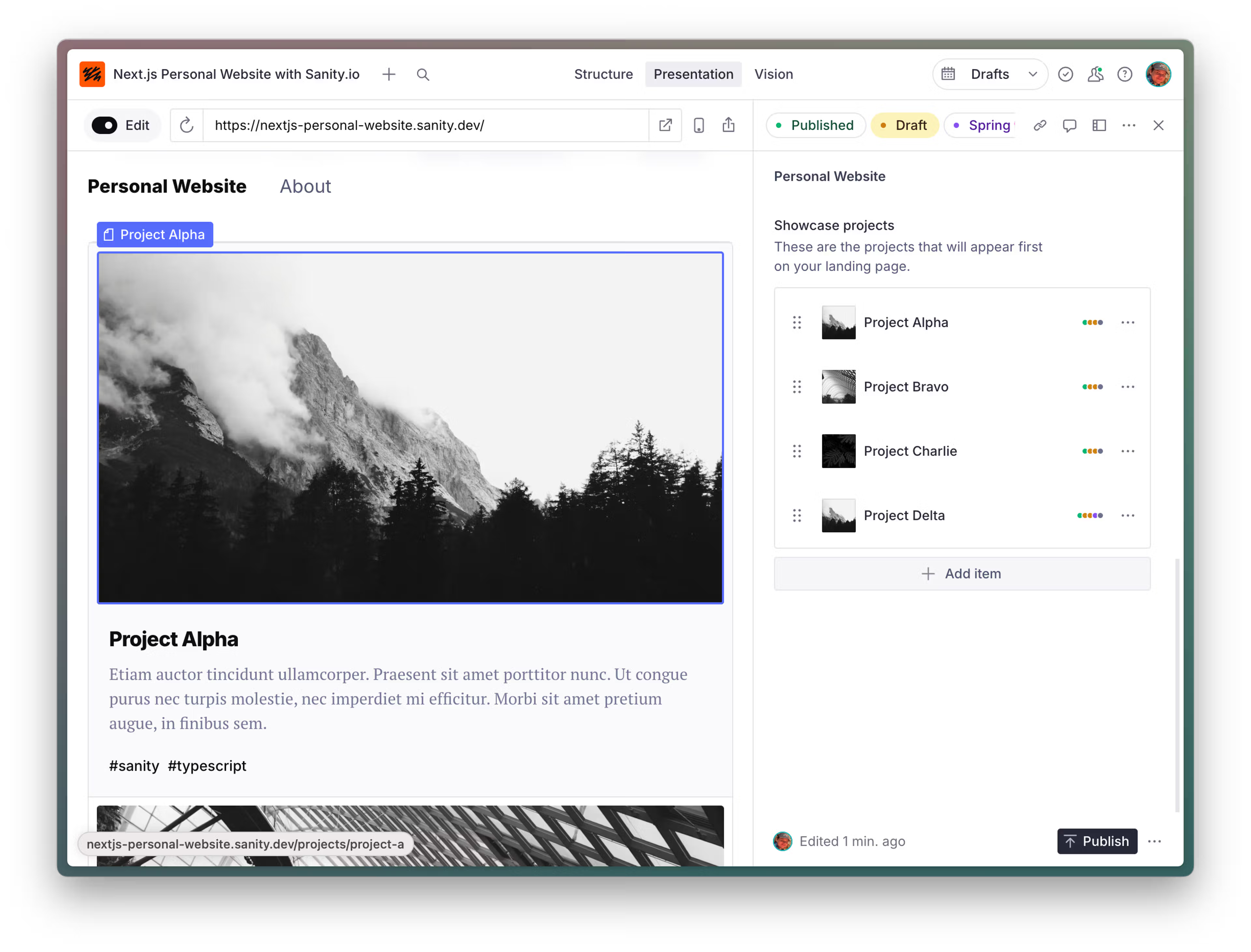 Sanity.io editing interface for a Next.js website, showing a preview of "Project Alpha" featuring mountains and trees, with a sidebar listing other projects.