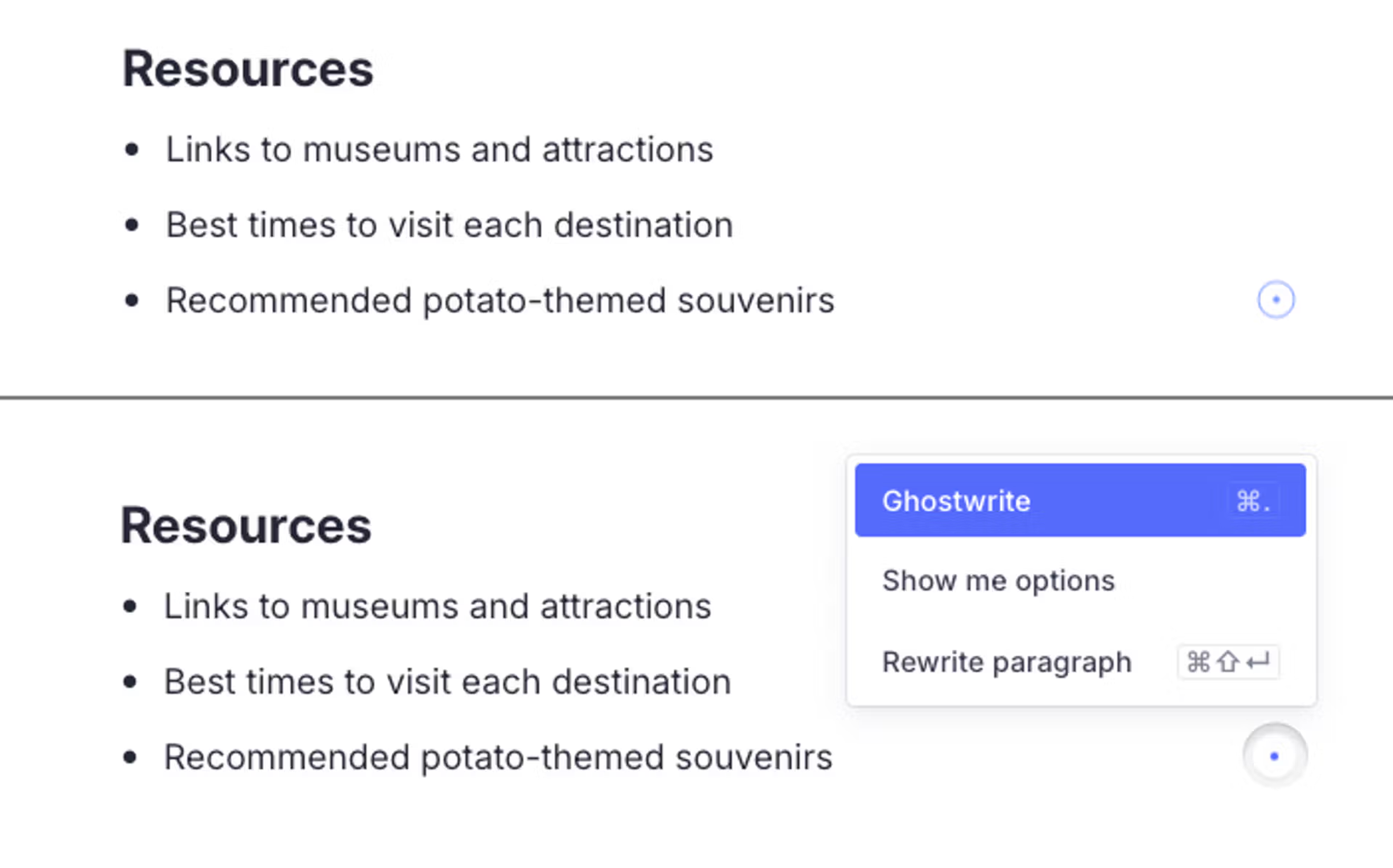 A "Resources" list of bullet points, with a "Ghostwrite" menu open displaying options such as "Show me options" and "Rewrite paragraph."