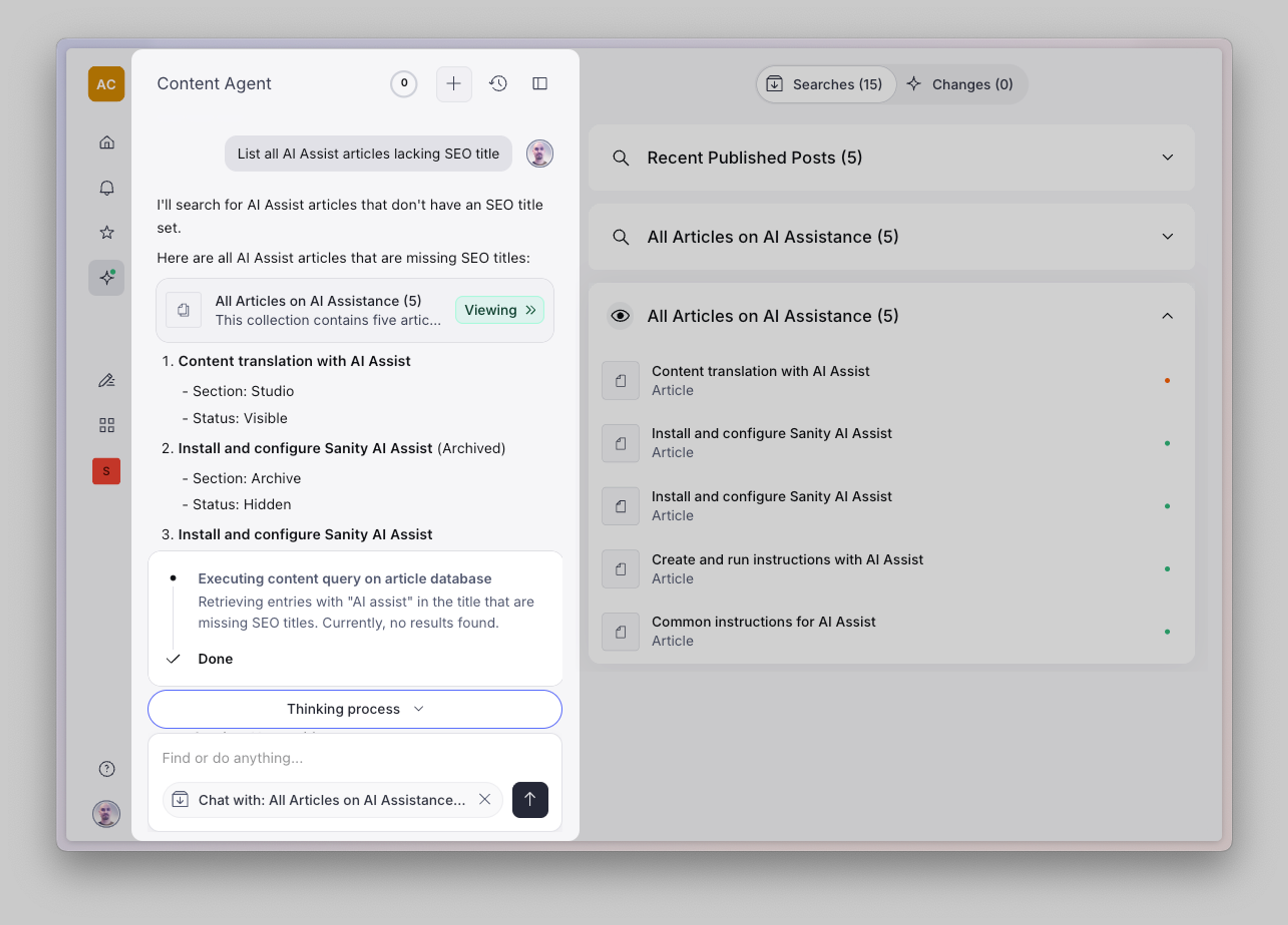 A software interface showing a Content Agent processing a request to list AI Assist articles lacking SEO titles, with a related list of articles visible on the right.