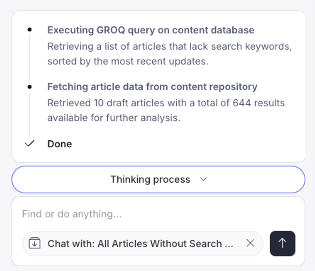 A user interface displaying a completed multi-step data retrieval process for articles, followed by a chat session on "All Articles Without Search Keywords."