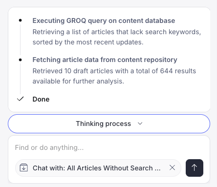 A user interface displaying a completed multi-step data retrieval process for articles, followed by a chat session on "All Articles Without Search Keywords."