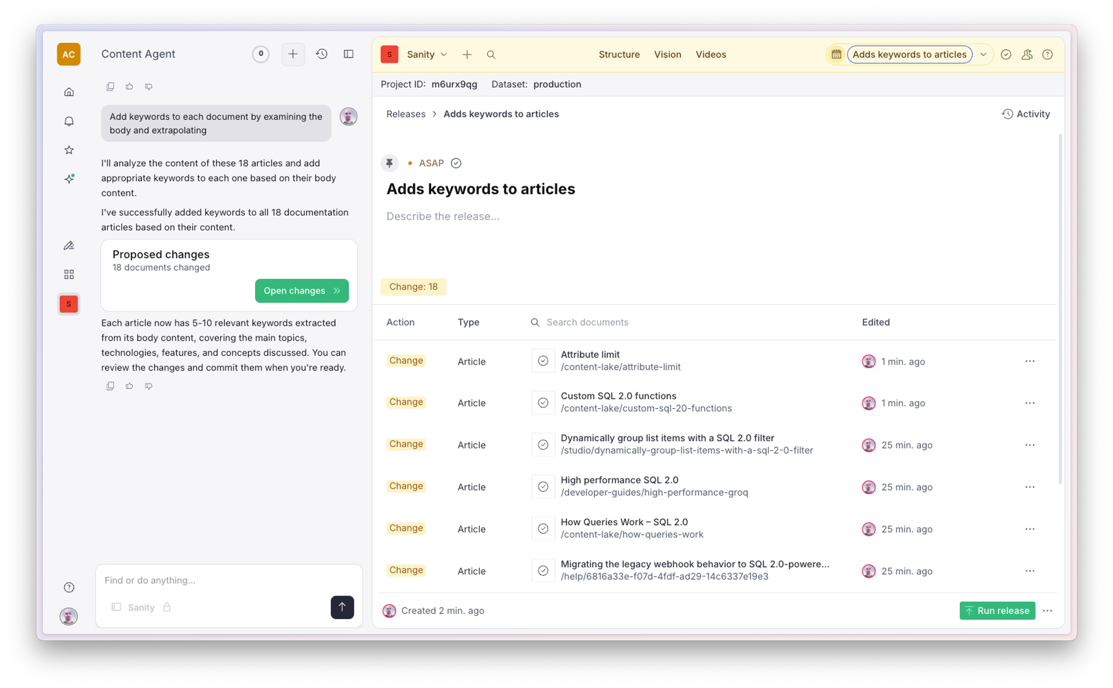 A Content Agent interface displays a task titled "Adds keywords to articles," showing 18 proposed changes to various articles listed on the right.