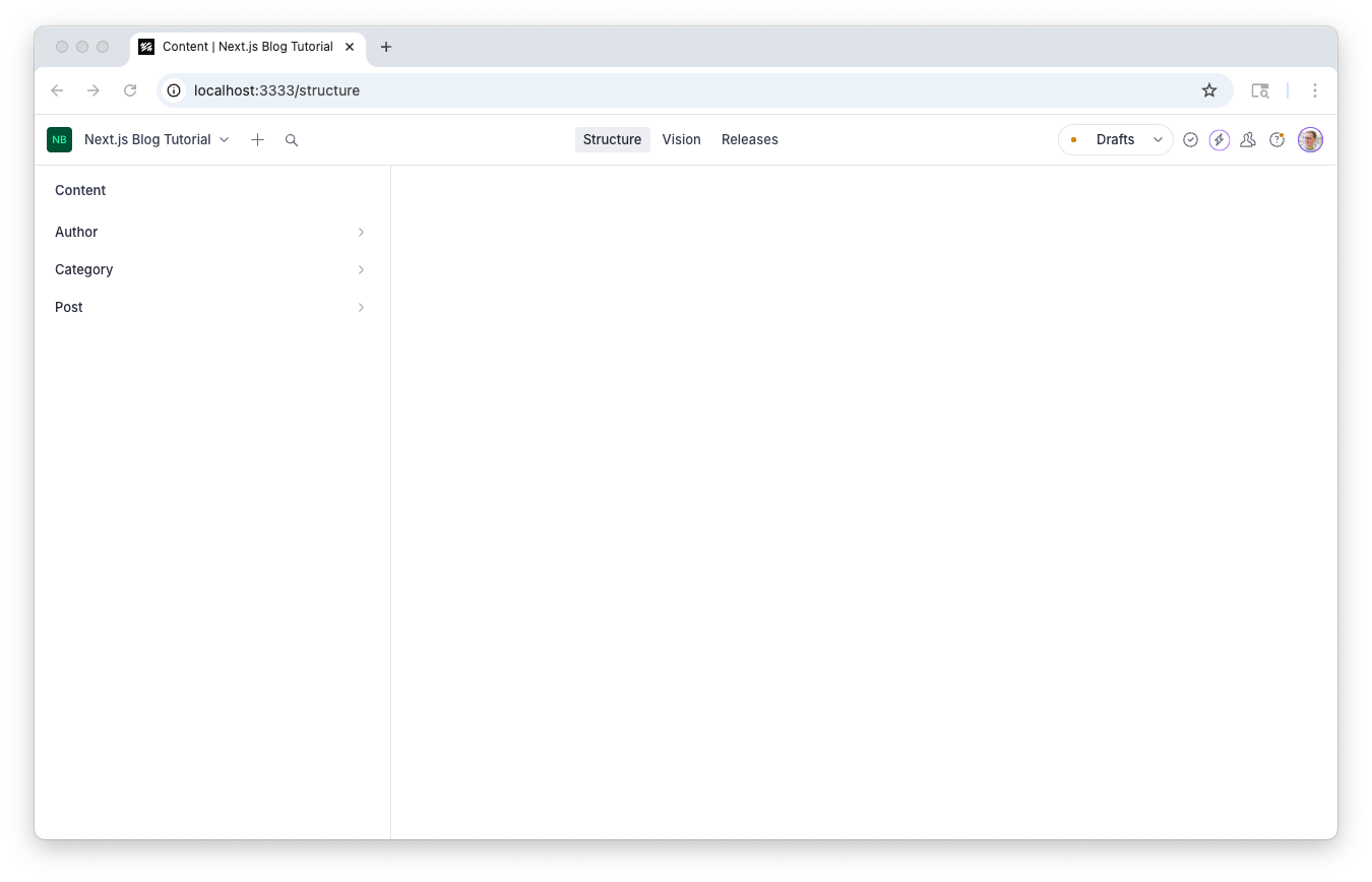 Next.js blog tutorial interface displaying content types (Author, Category, Post) in a sidebar and an empty main view under the 'Structure' tab.