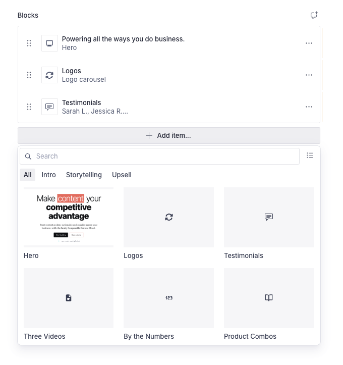 Insert menu grid view showing preview images for each schema type