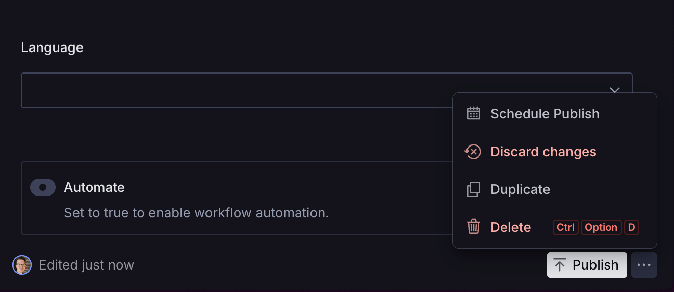 a screenshot of a page showing the document actions menu open