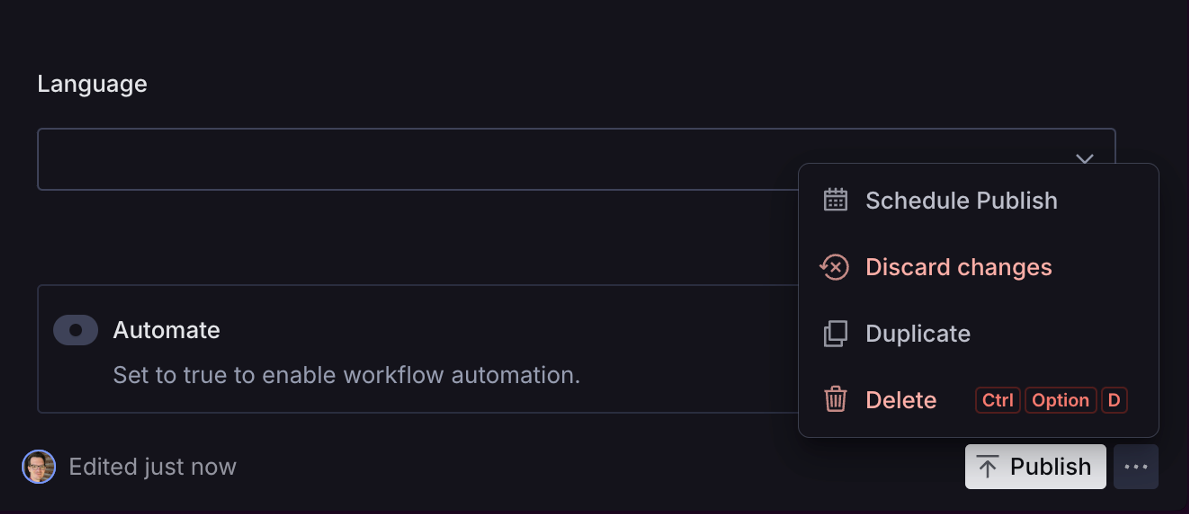 a screenshot of a page showing the document actions menu open