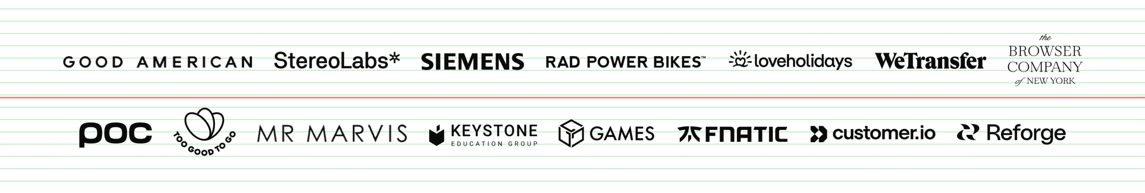 Logos of Good American, StereoLabs, Siemens, Rad Power Bikes, Loveholidays, WeTransfer, The Browser Company of New York, POC, Mr Marvis, Keystone Education Group, Games, Fnatic, Customer.io, and Reforge.