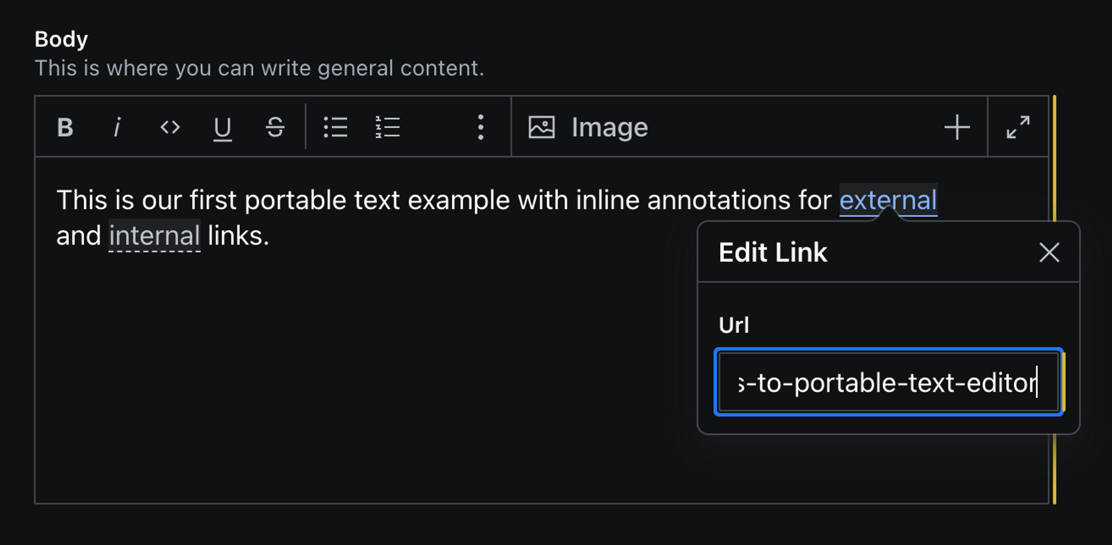 Screenshot showing a pte. The edit modal for an external link annotation is opened, which exposes the url field defined in the schema