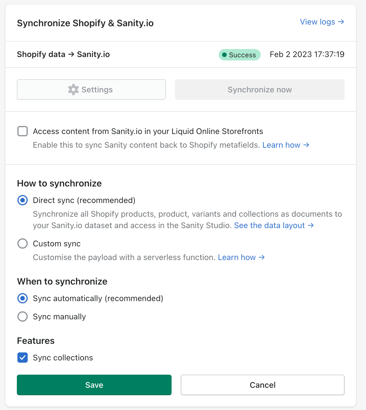 Settings panel showing synchronization options after initial setup