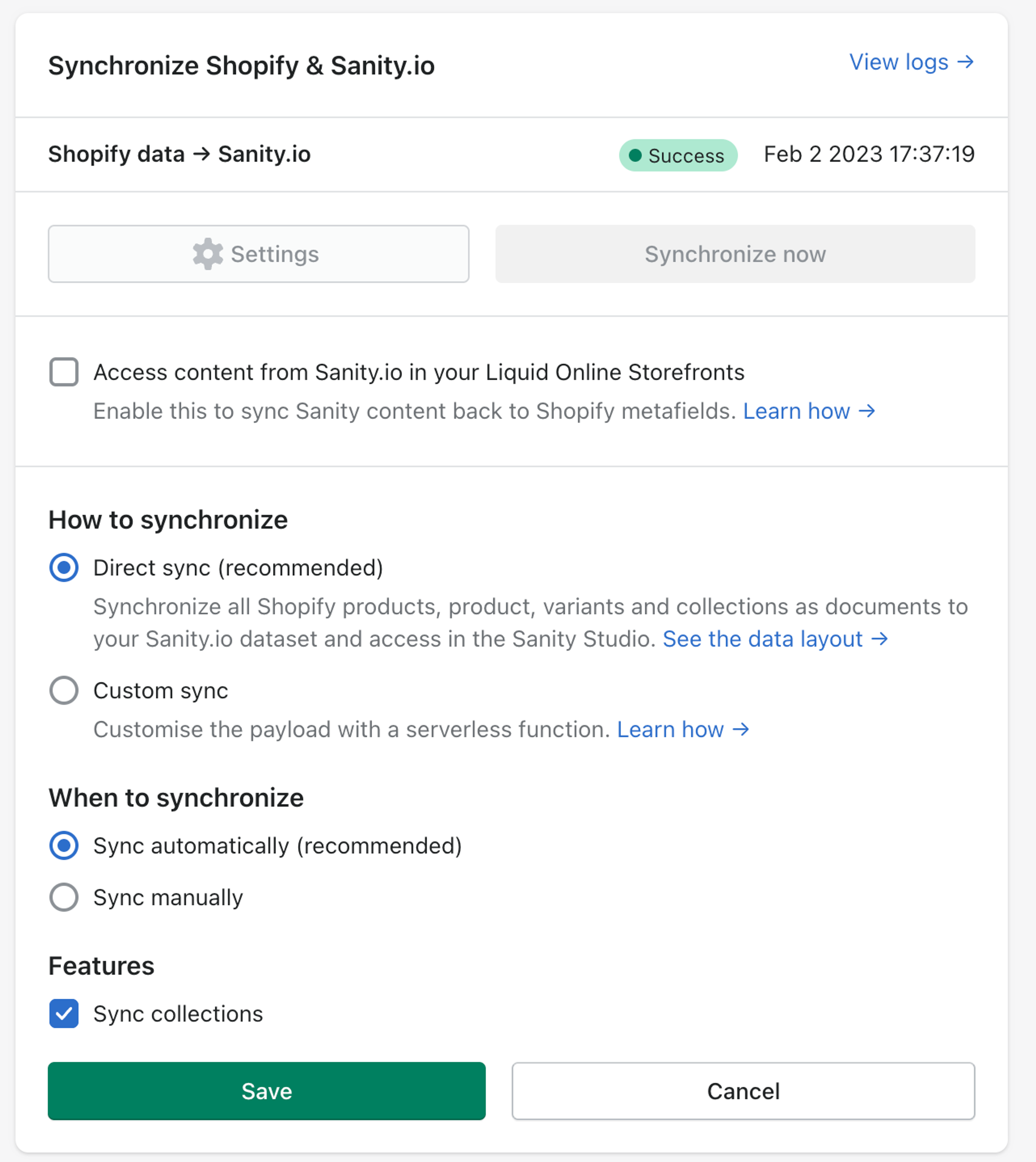 Settings panel with synchronization settings