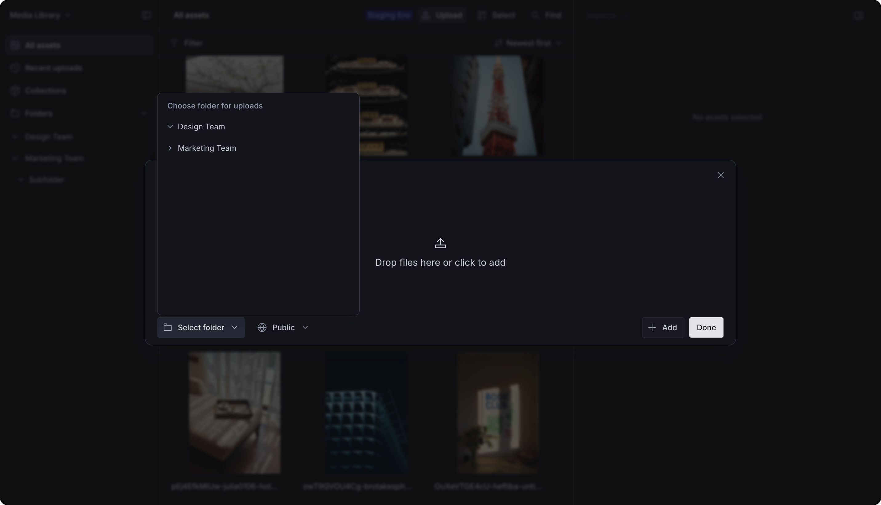 A dark-mode digital asset management interface showing a file upload modal and a folder selection menu with options like "Design Team" and "Marketing Team".