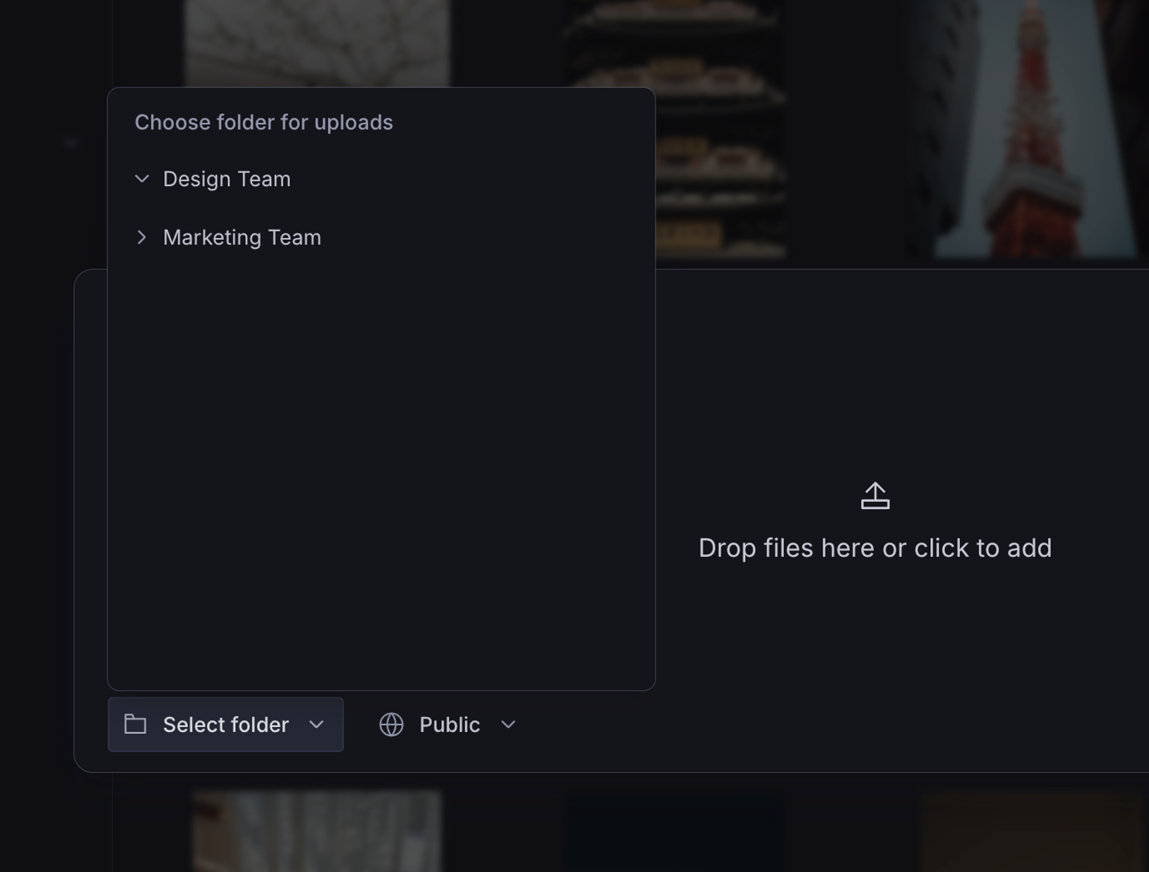 A dark-mode digital asset management interface showing a file upload modal and a folder selection menu with options like "Design Team" and "Marketing Team".