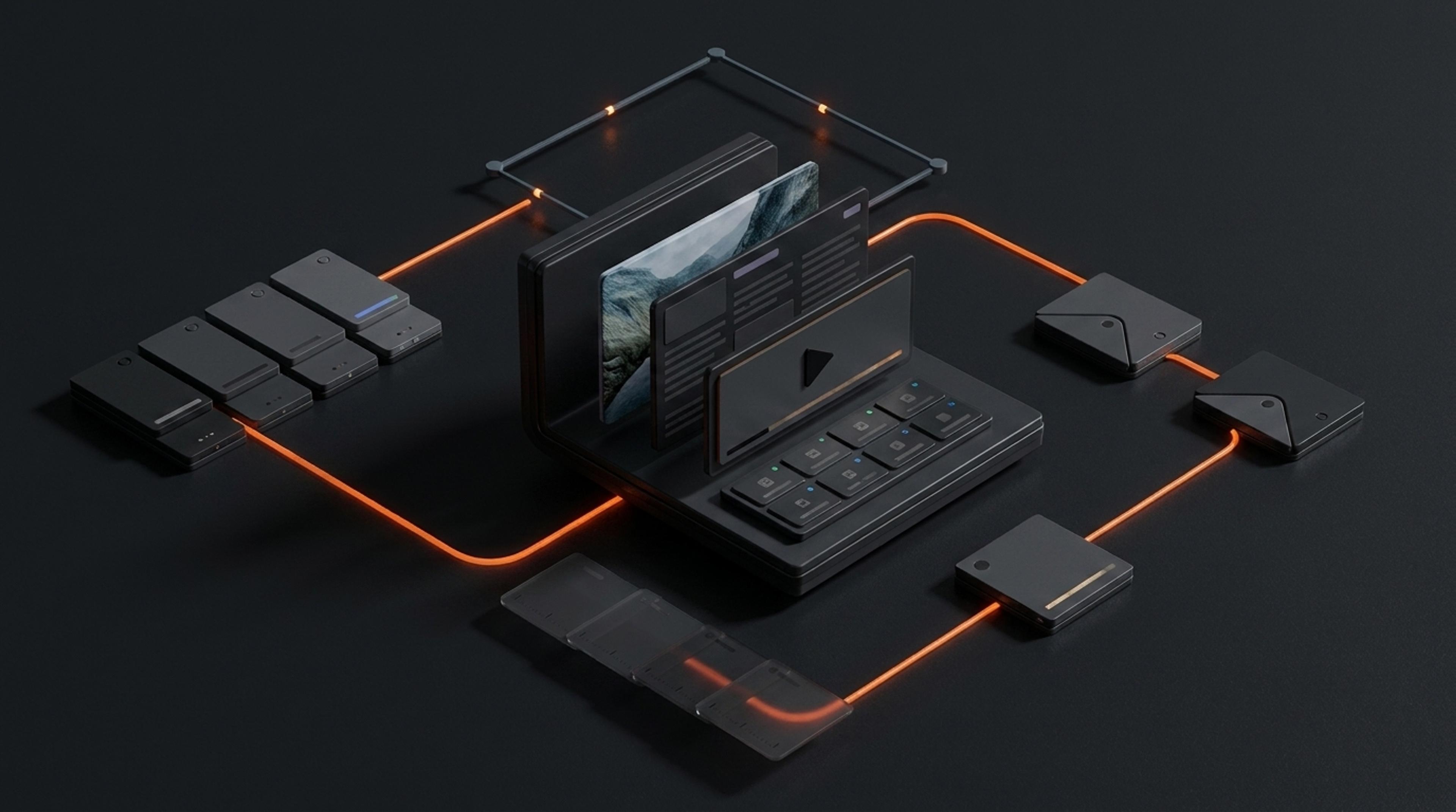An exploded product view connects structured Sanity content to a workflow definition, running instance, stages, activities, decisions, effects, and history.