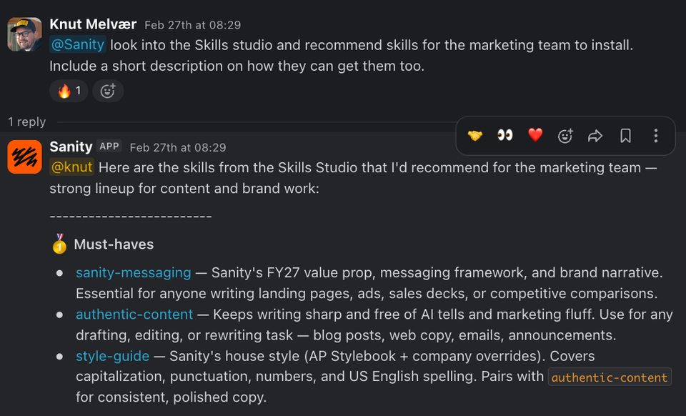A dark mode chat showing the Sanity app recommending three marketing skills: sanity-messaging, authentic-content, and style-guide.