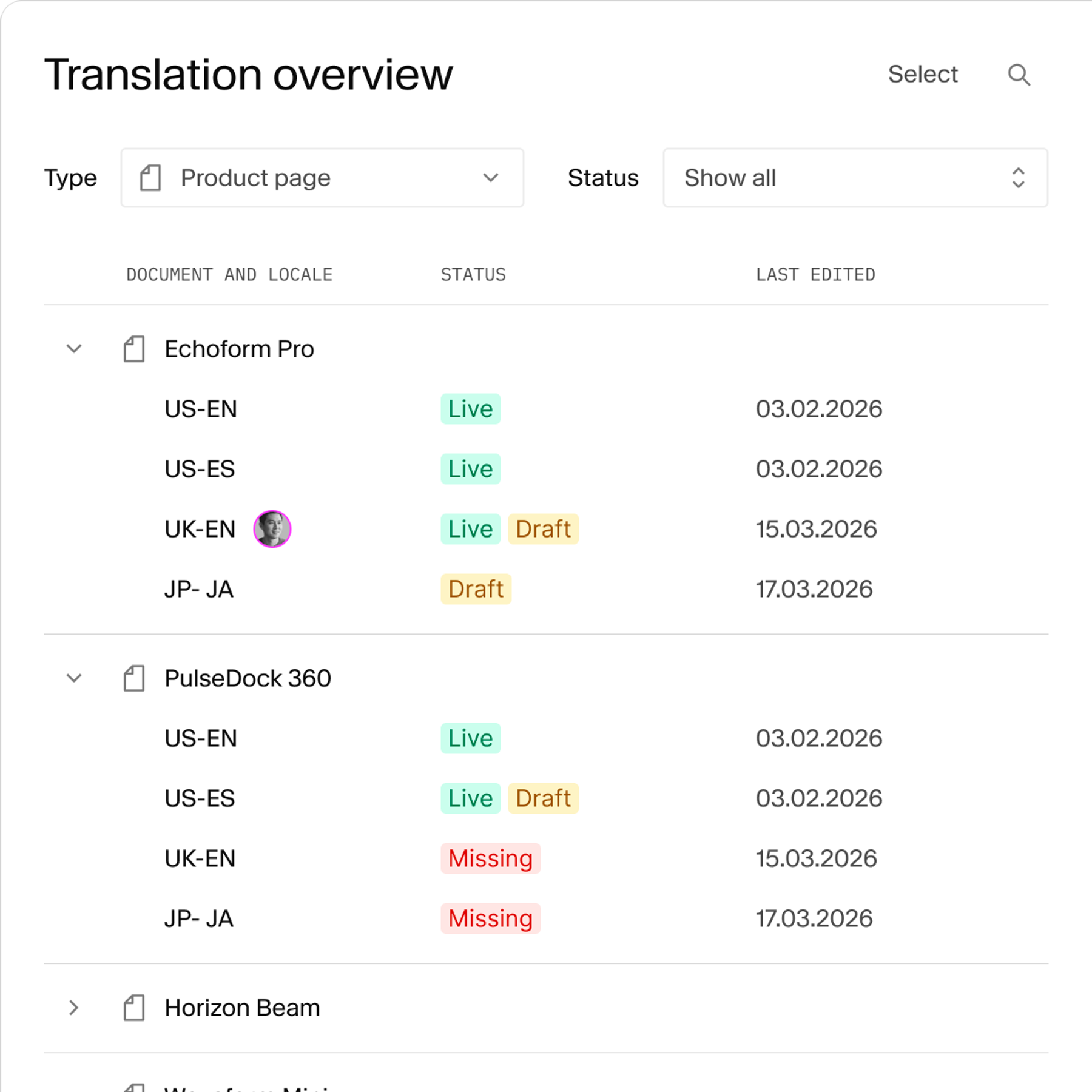 A translation overview page listing documents, locales, and translation statuses (Live, Draft, Missing).
