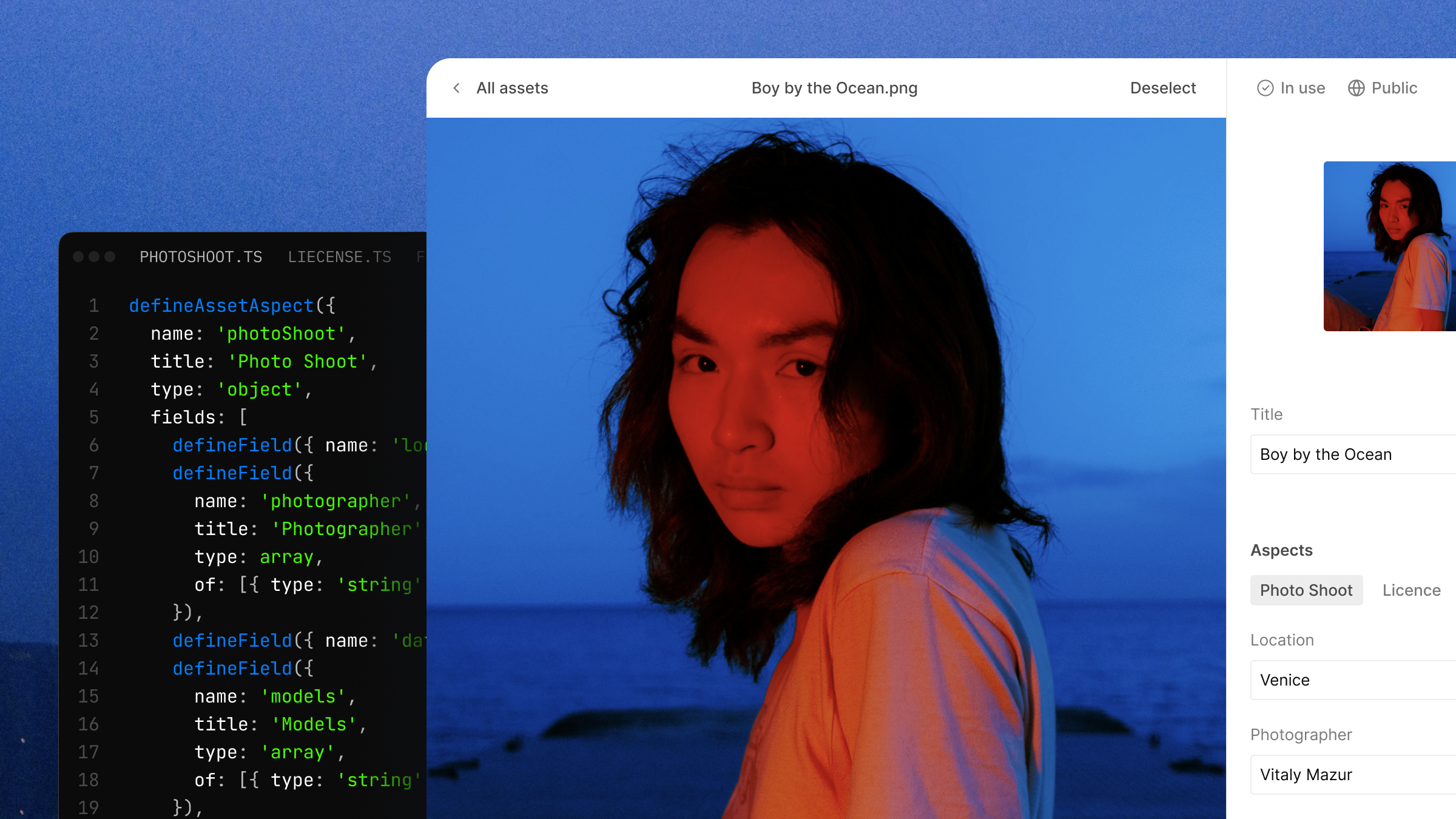 A split screen showing code for asset definition on the left and an asset management UI on the right, featuring an image of a person lit red and blue by the ocean.