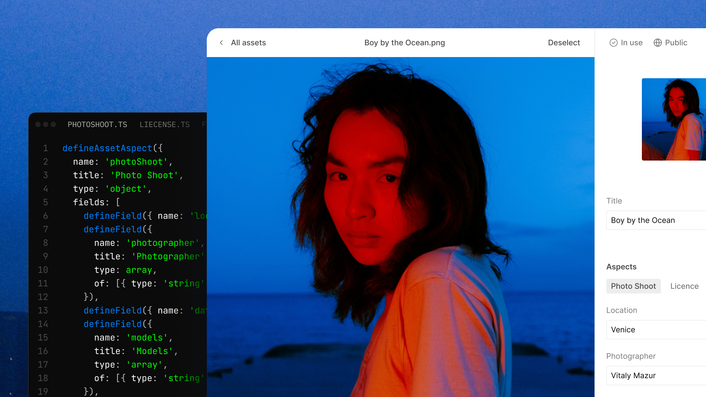 A split screen showing code for asset definition on the left and an asset management UI on the right, featuring an image of a person lit red and blue by the ocean.