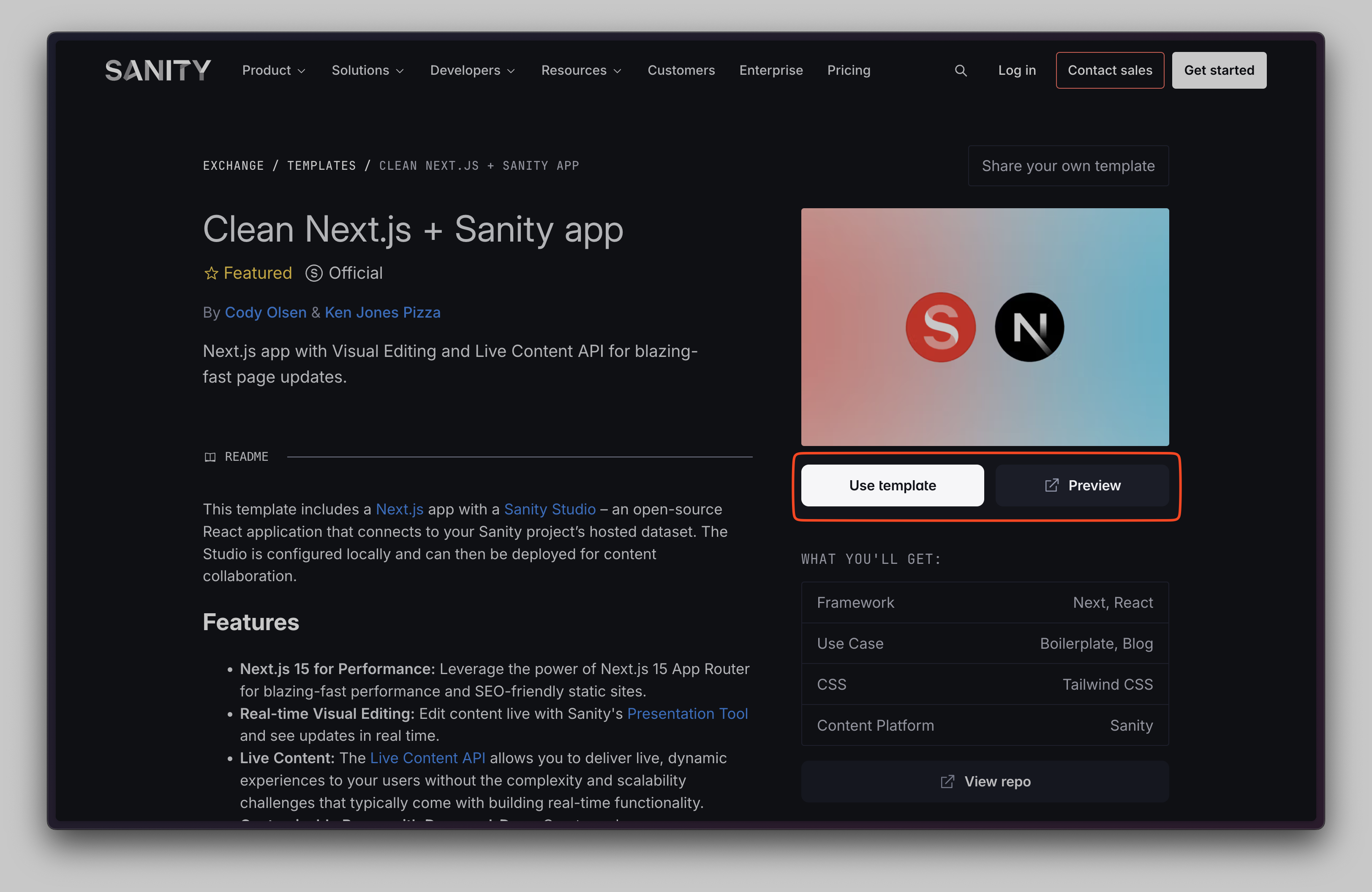 The template submission form in the Sanity community Studio, with fields for title, description, repository URL, and a screenshot.