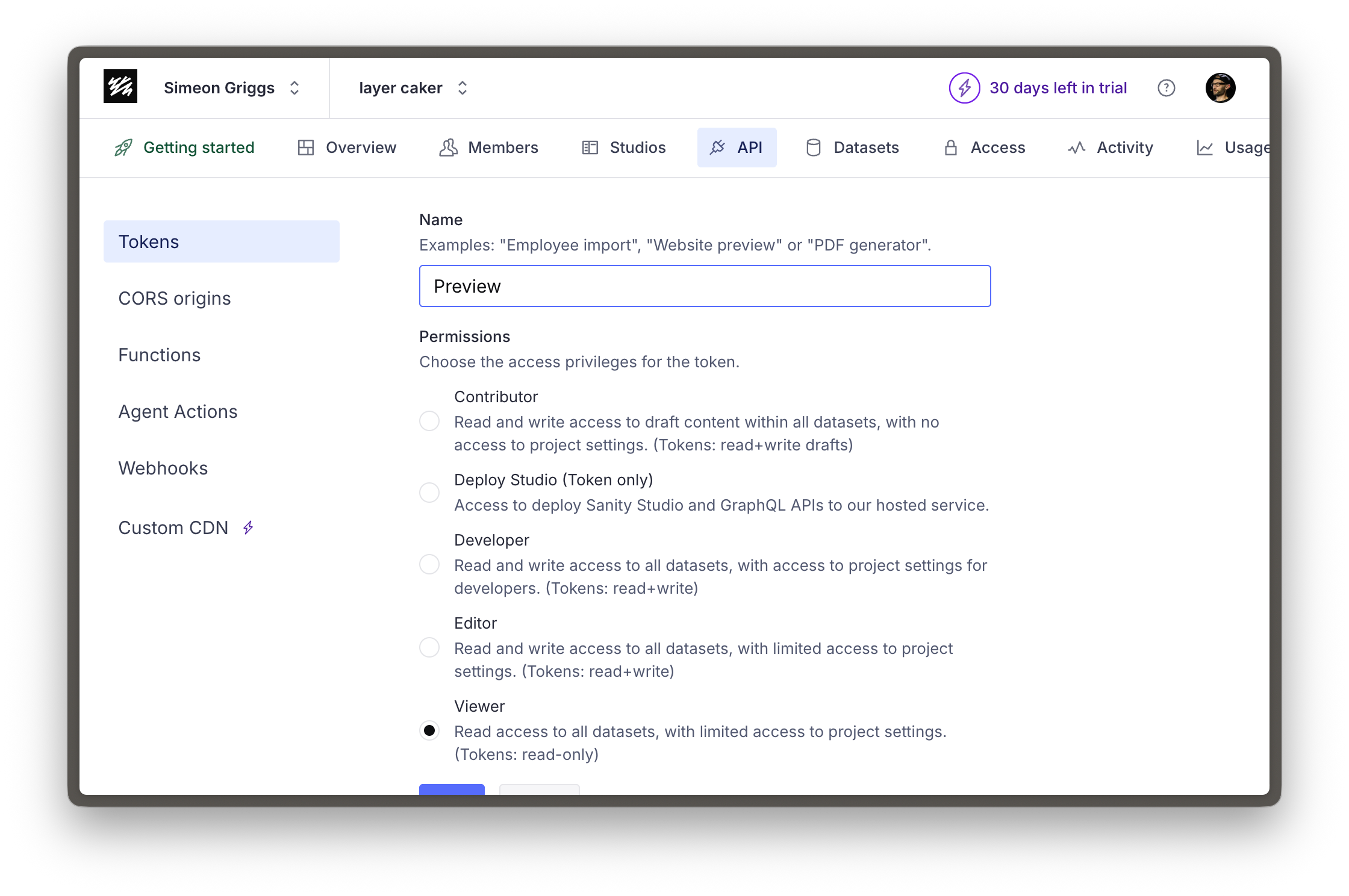 Creating a new token in Manage