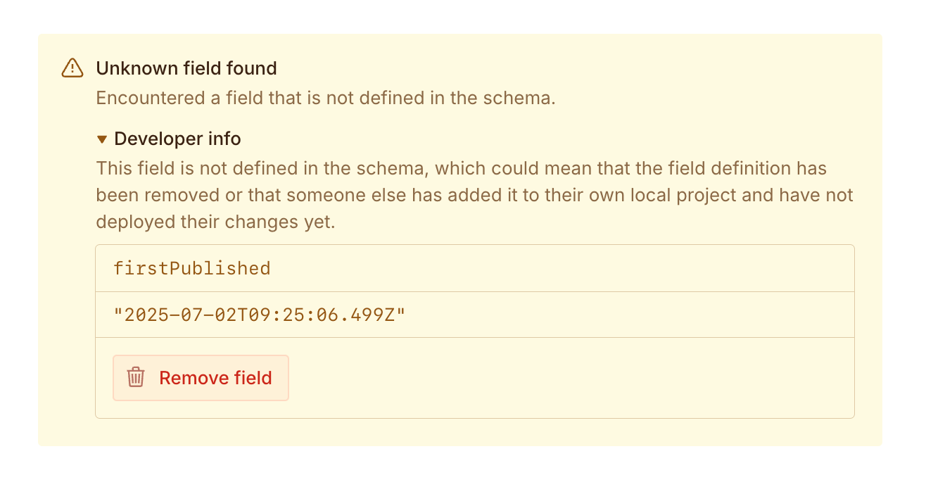 Warning showing missing field in schema