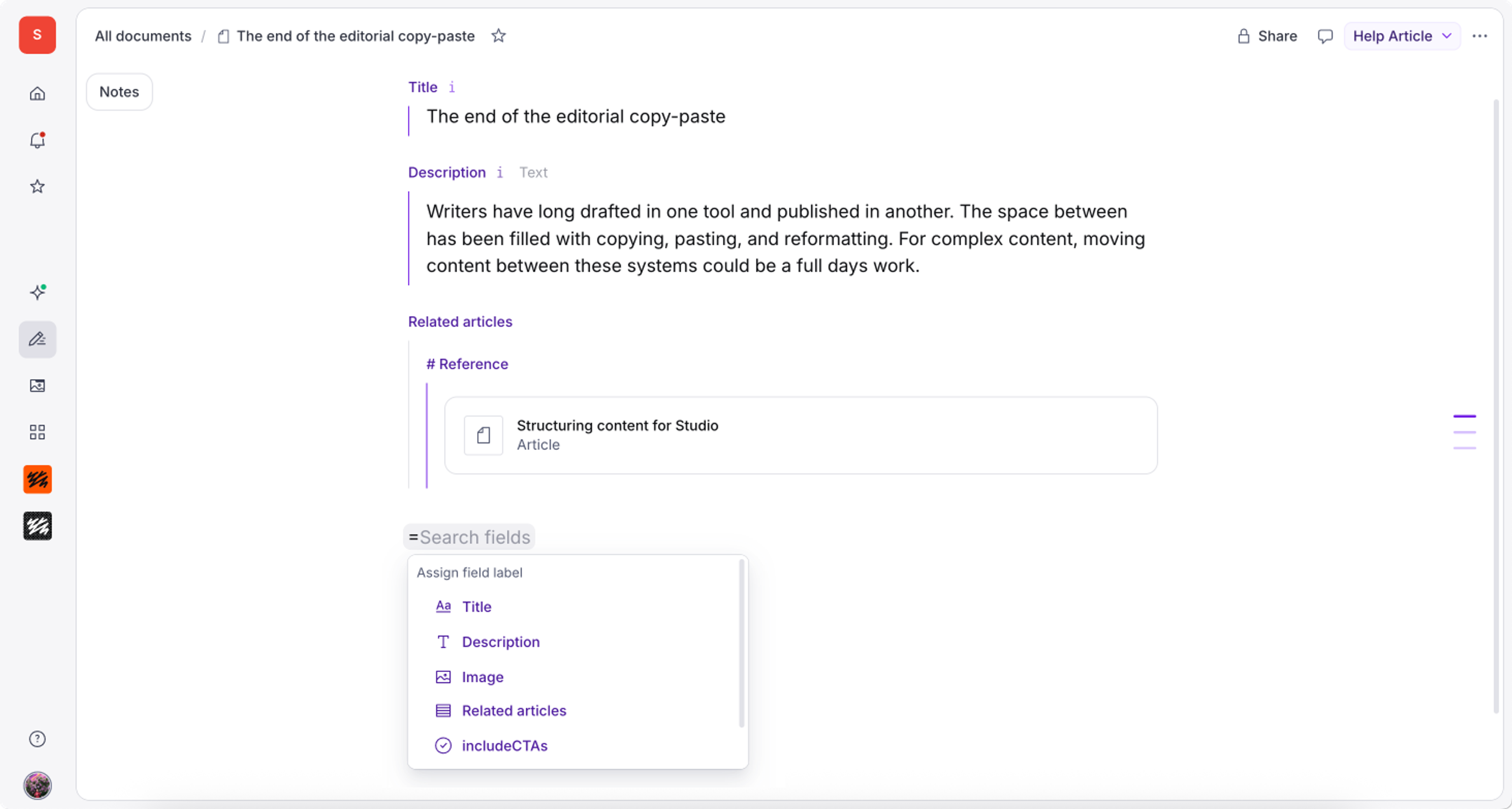 Content editing interface displaying an article titled 'The end of the editorial copy-paste' and an open dropdown for assigning content field labels.