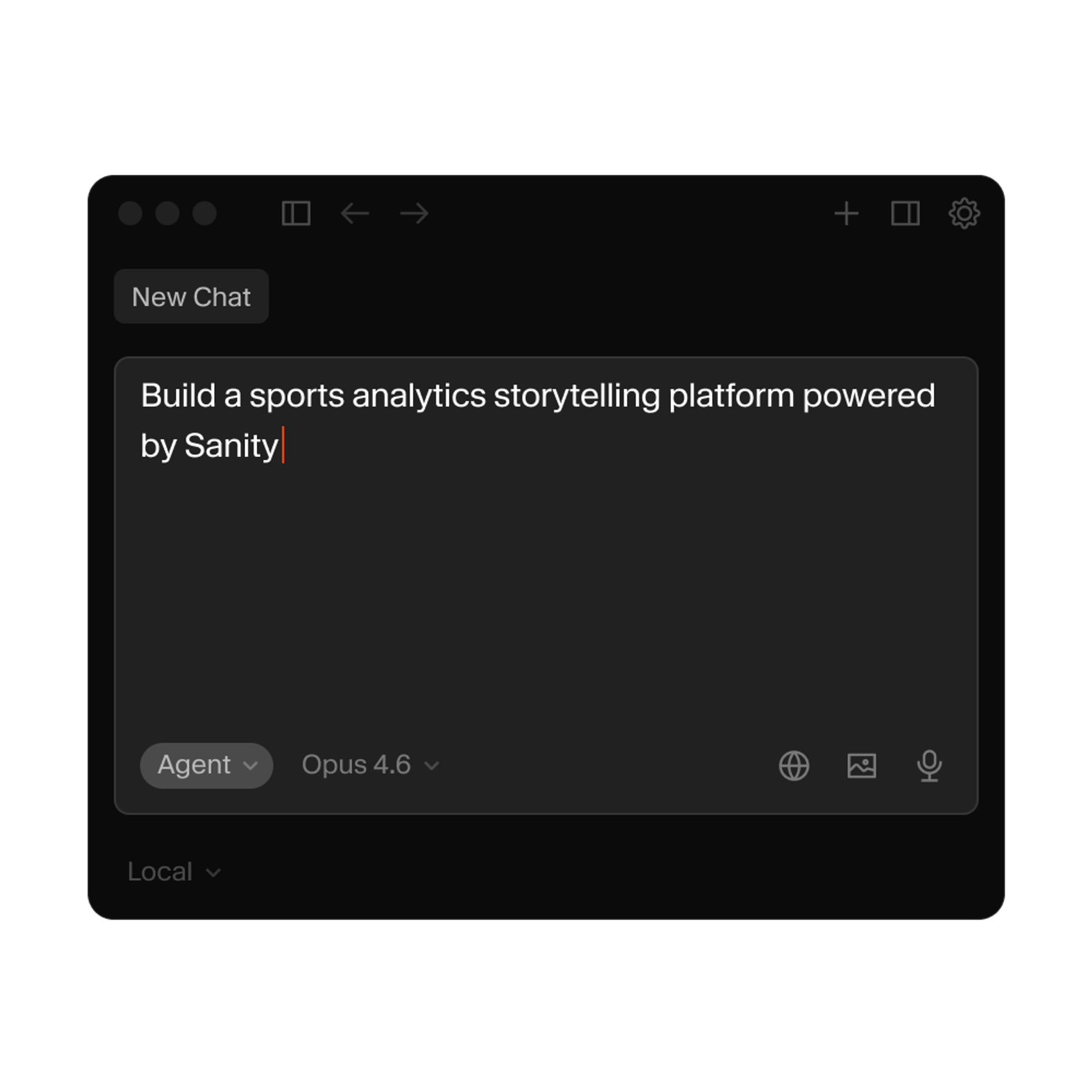 A dark mode chat interface with the text "Build a sports analytics storytelling platform powered by Sanity" typed in the input field.