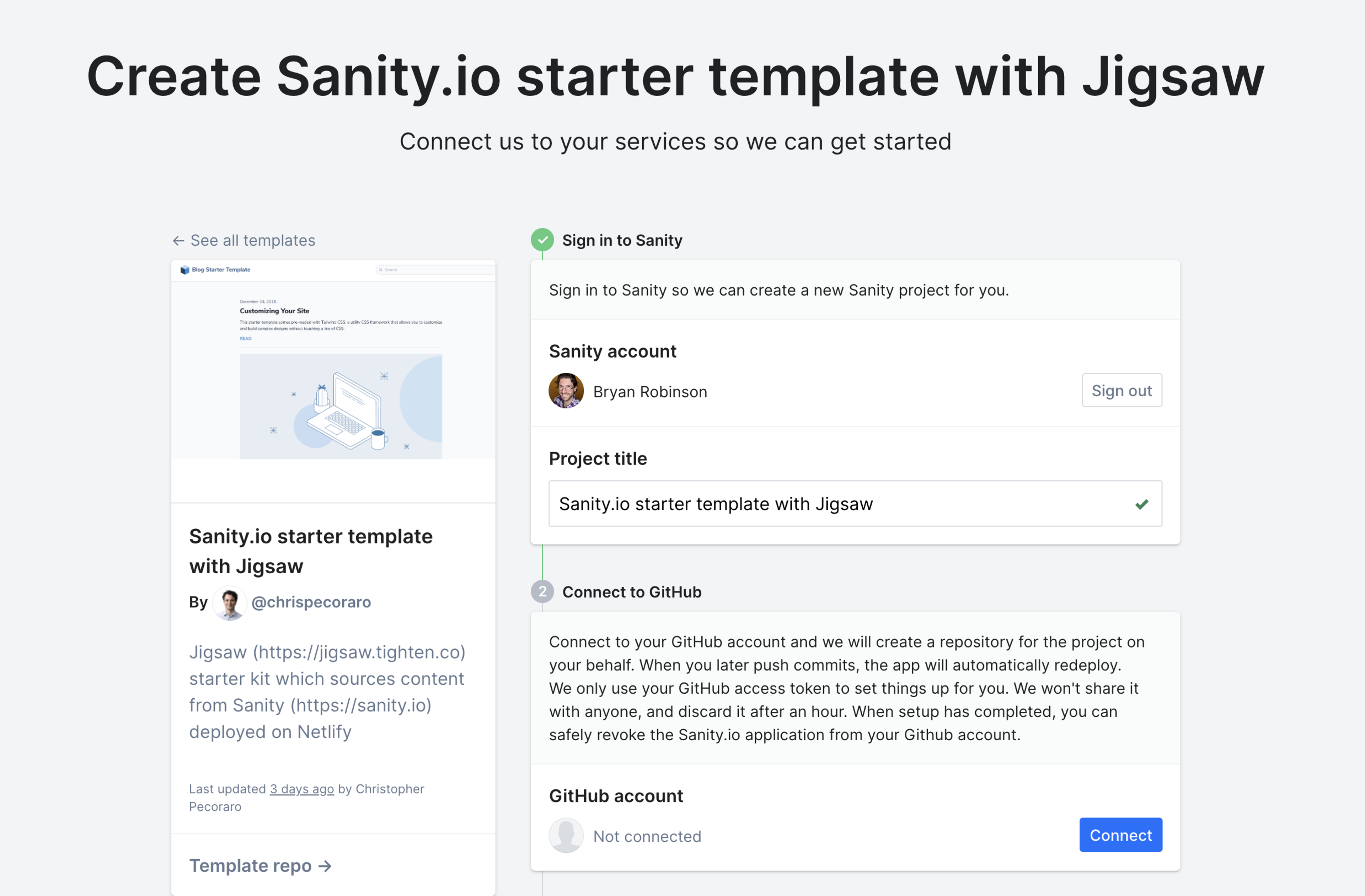 The screen from sanity.io/create featuring the new Jigsaw starter