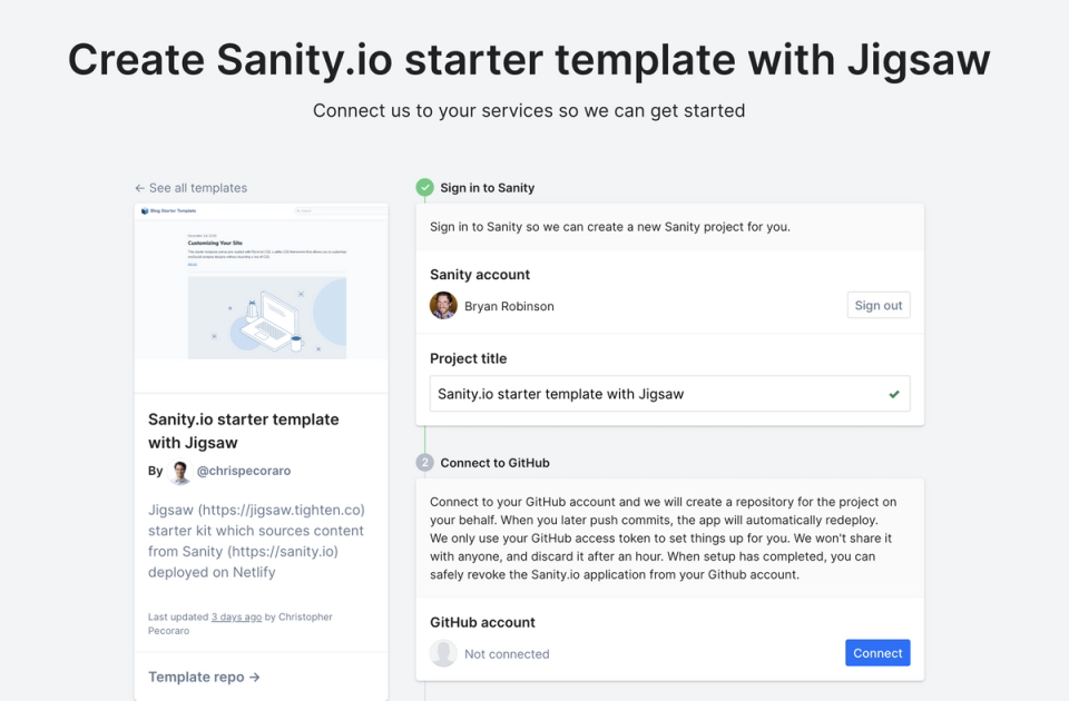 The screen from sanity.io/create featuring the new Jigsaw starter The screen from sanity.io/create featuring the new Jigsaw starter