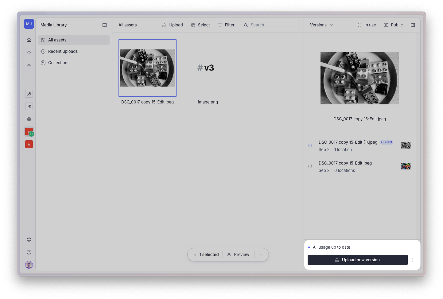 Shows Sanity Media Library with the versions inspector open, and an option to upload new versions highlighted