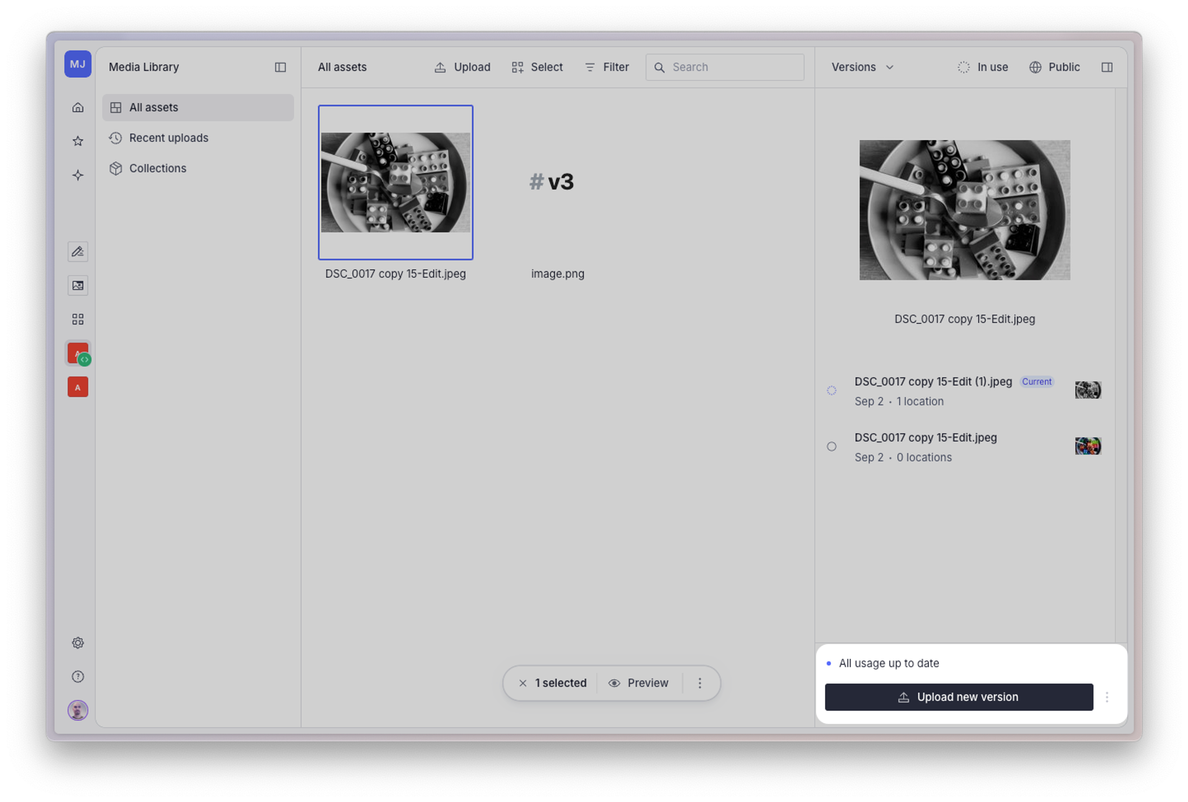 Shows Sanity Media Library with the versions inspector open, and an option to upload new versions highlighted