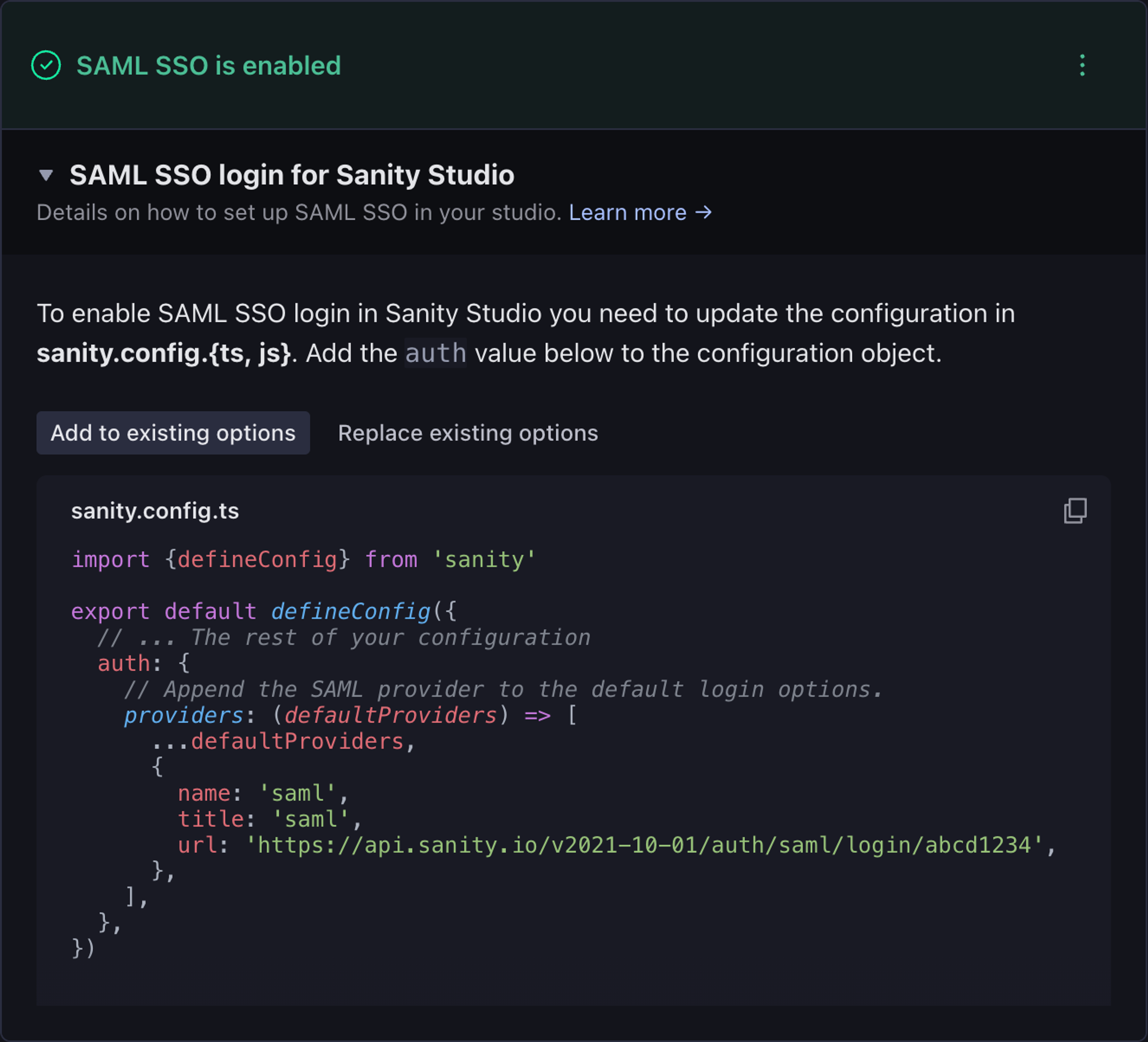 Sanity Studio SAML SSO configuration showing a code example to enable SAML login.