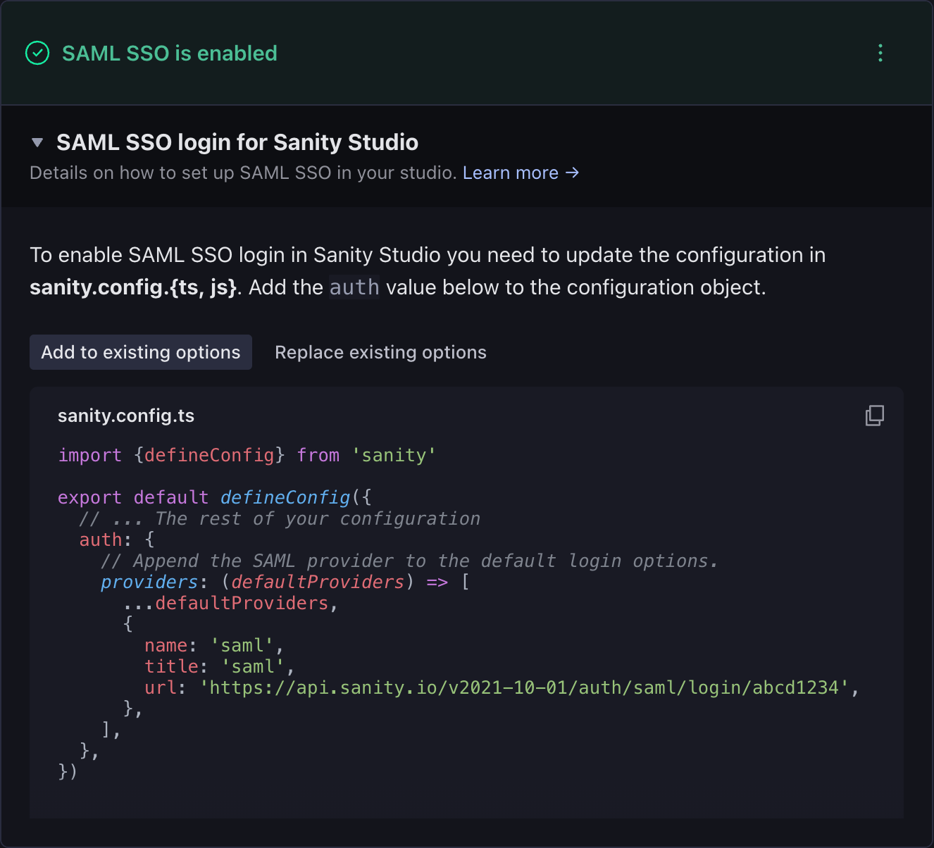 The Sanity Studio SAML SSO configuration panel showing a code example that enables SAML login.