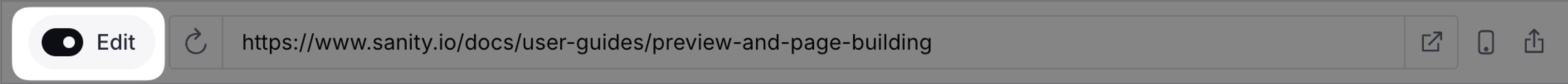 Browser address bar displaying the Sanity.io user guide URL for preview and page building.