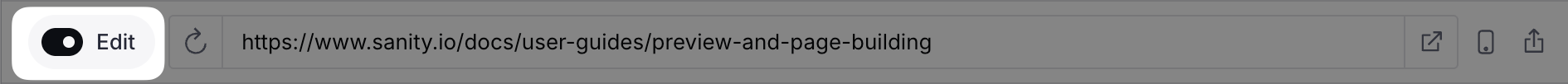 Browser address bar displaying the Sanity.io user guide URL for preview and page building.