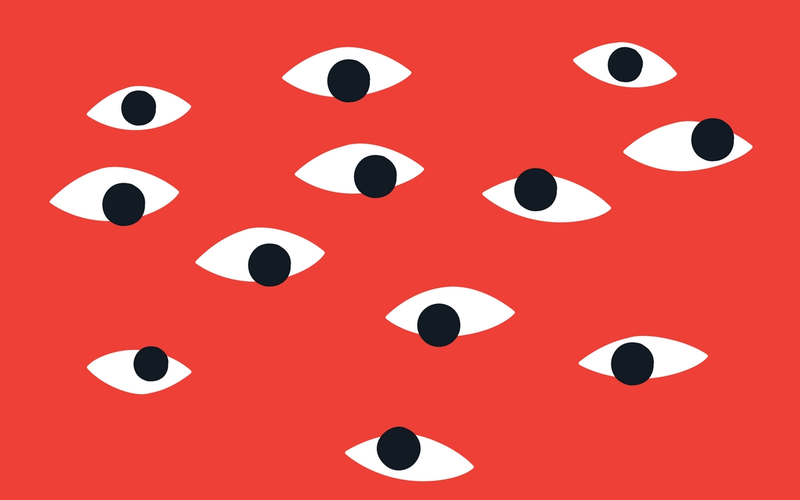A collection of eyes on a red background