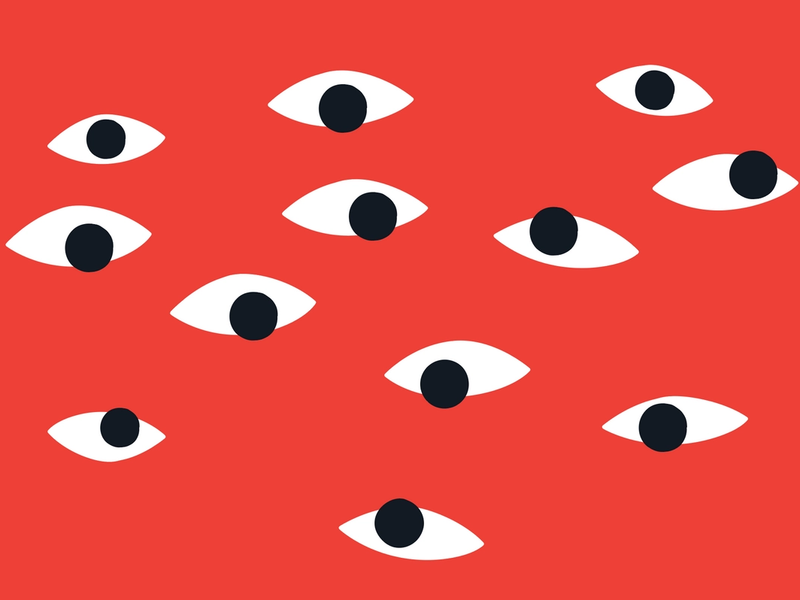 A collection of eyes on a red background