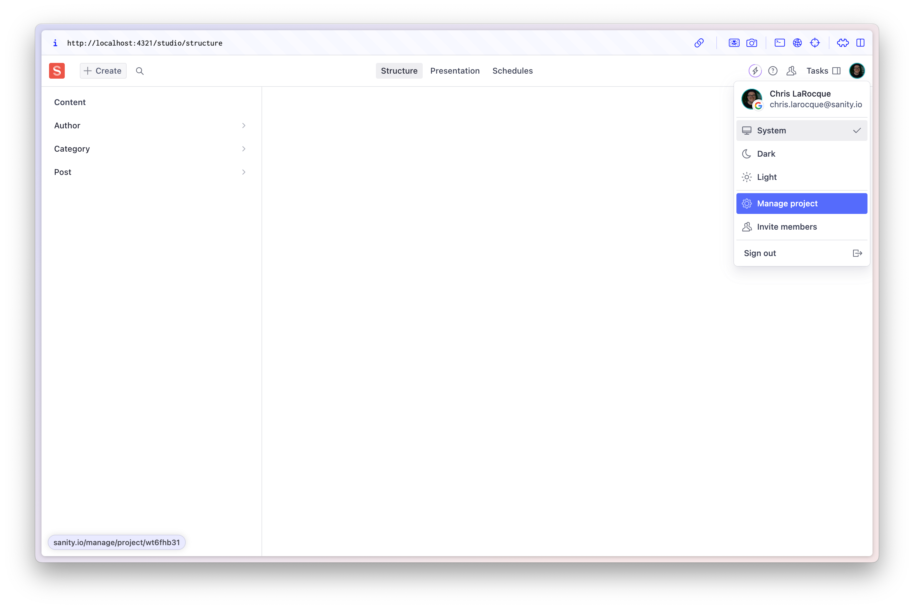 Sanity Studio at localhost:4321/studio with the user avatar menu open and Manage project highlighted