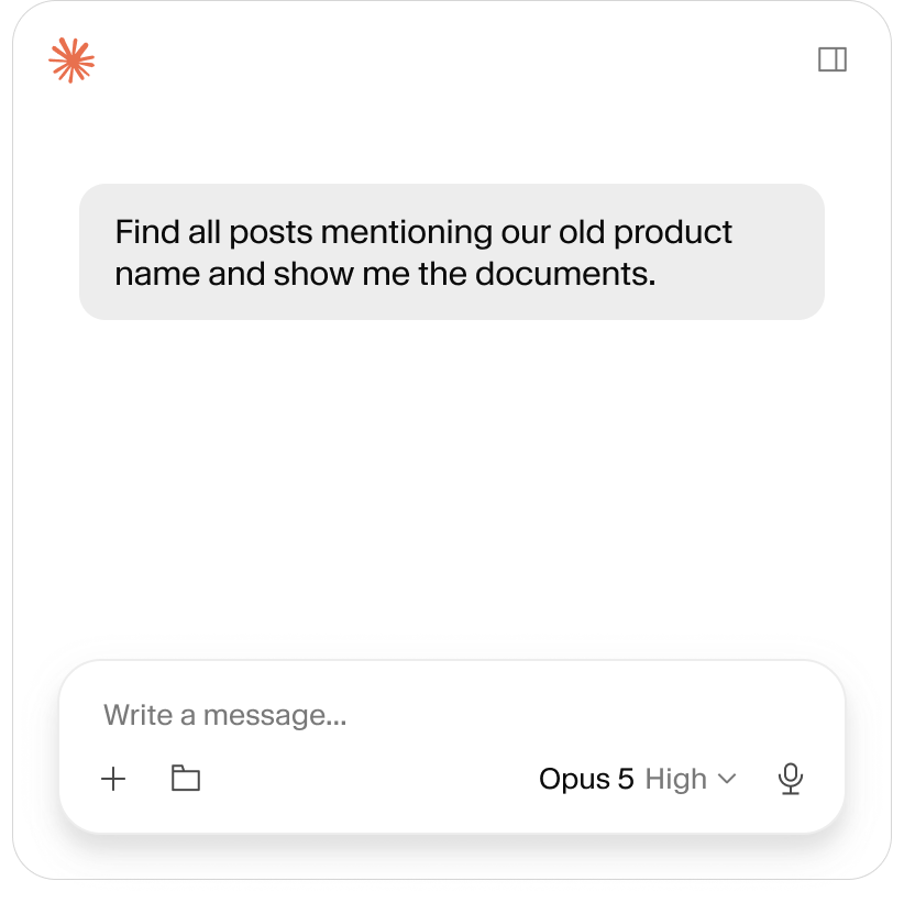 AI chat interface displaying a user query: "Find all posts mentioning our old product name and show me the documents."