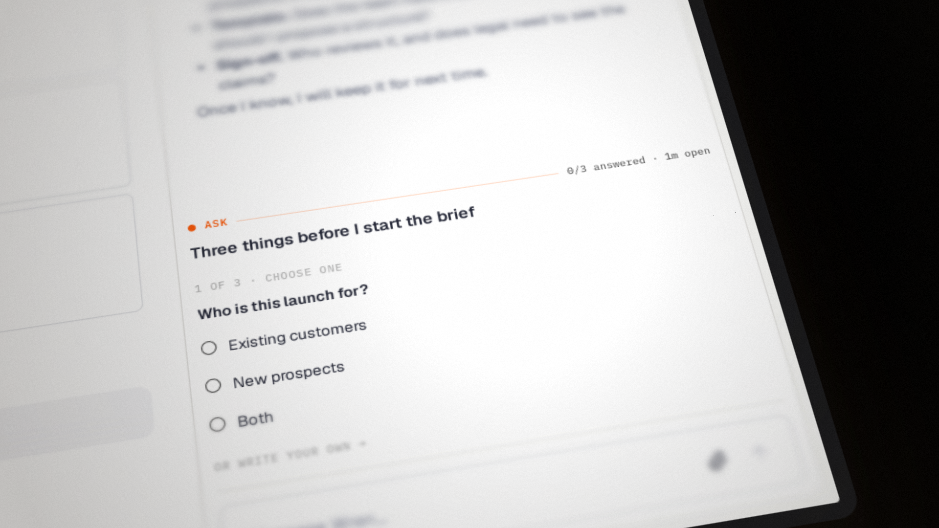 On day one, an agent asks who a launch brief is for before starting.