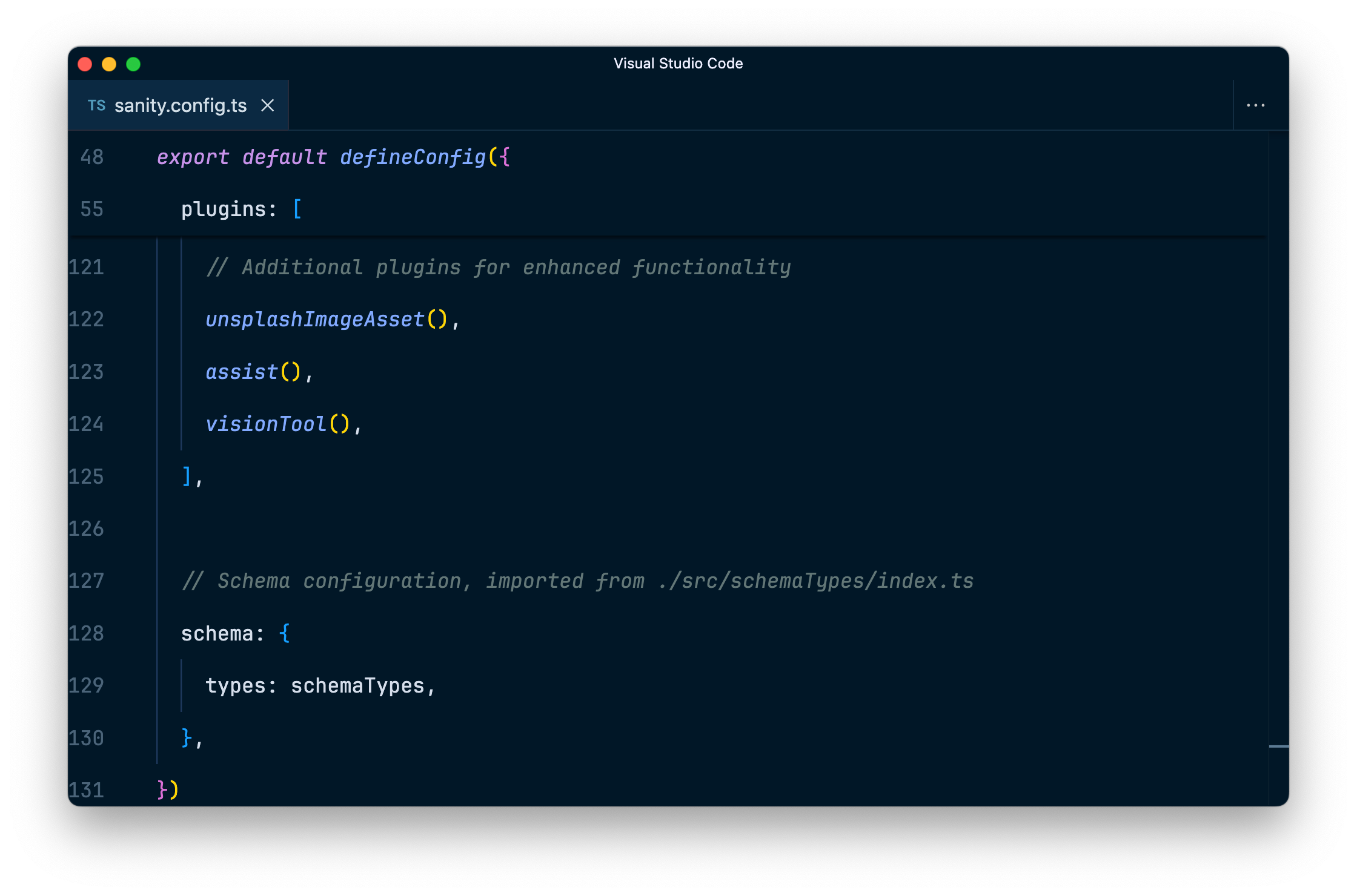 Code showing the Sanity Studio configuration plugins